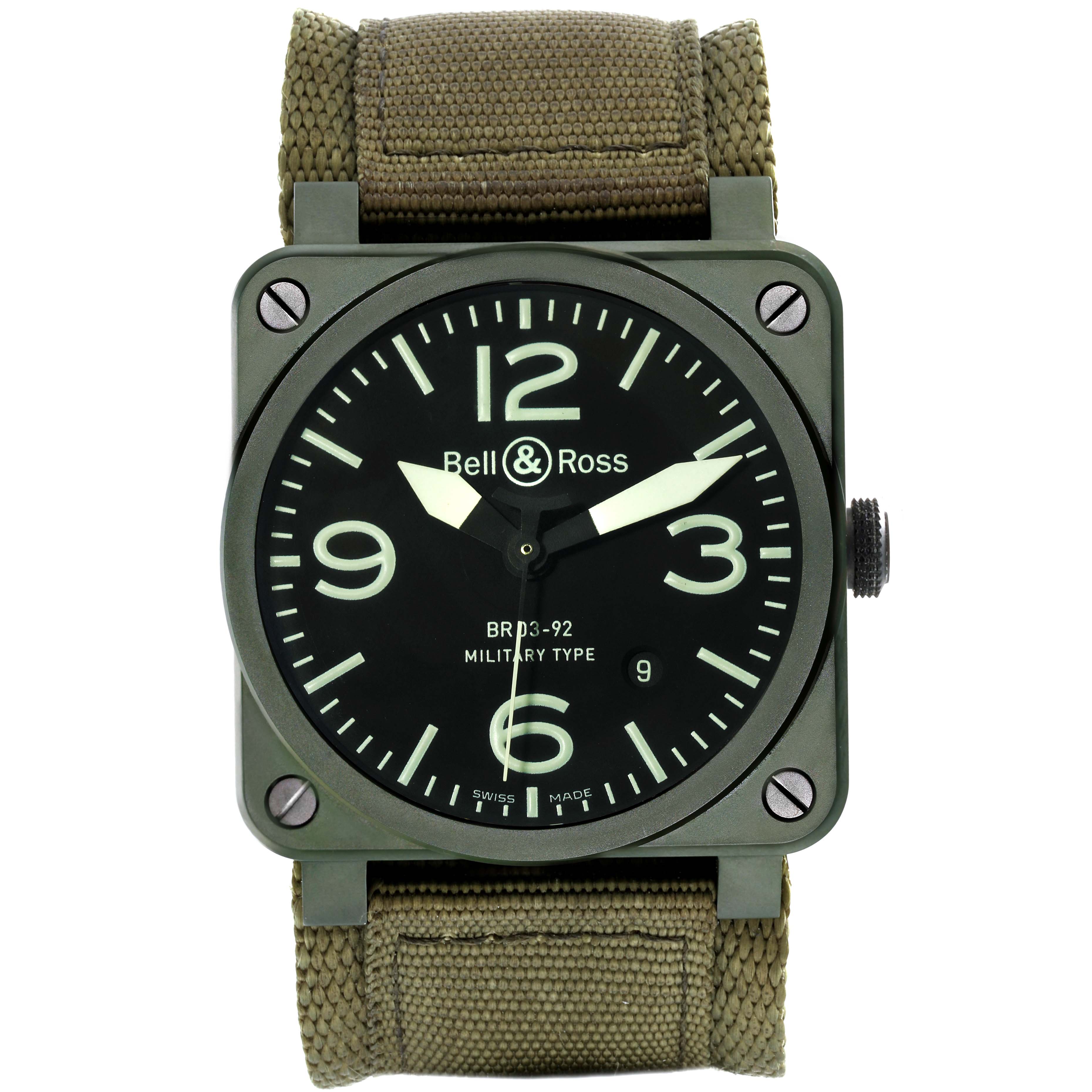 The image shows a front view of the Bell 
Ross Instruments BR03-92-CK Men
s Ceramic Black Dial BR03-92-CK Men
s Ceramic Black Dial model BR03-92 with a square case and khaki strap.