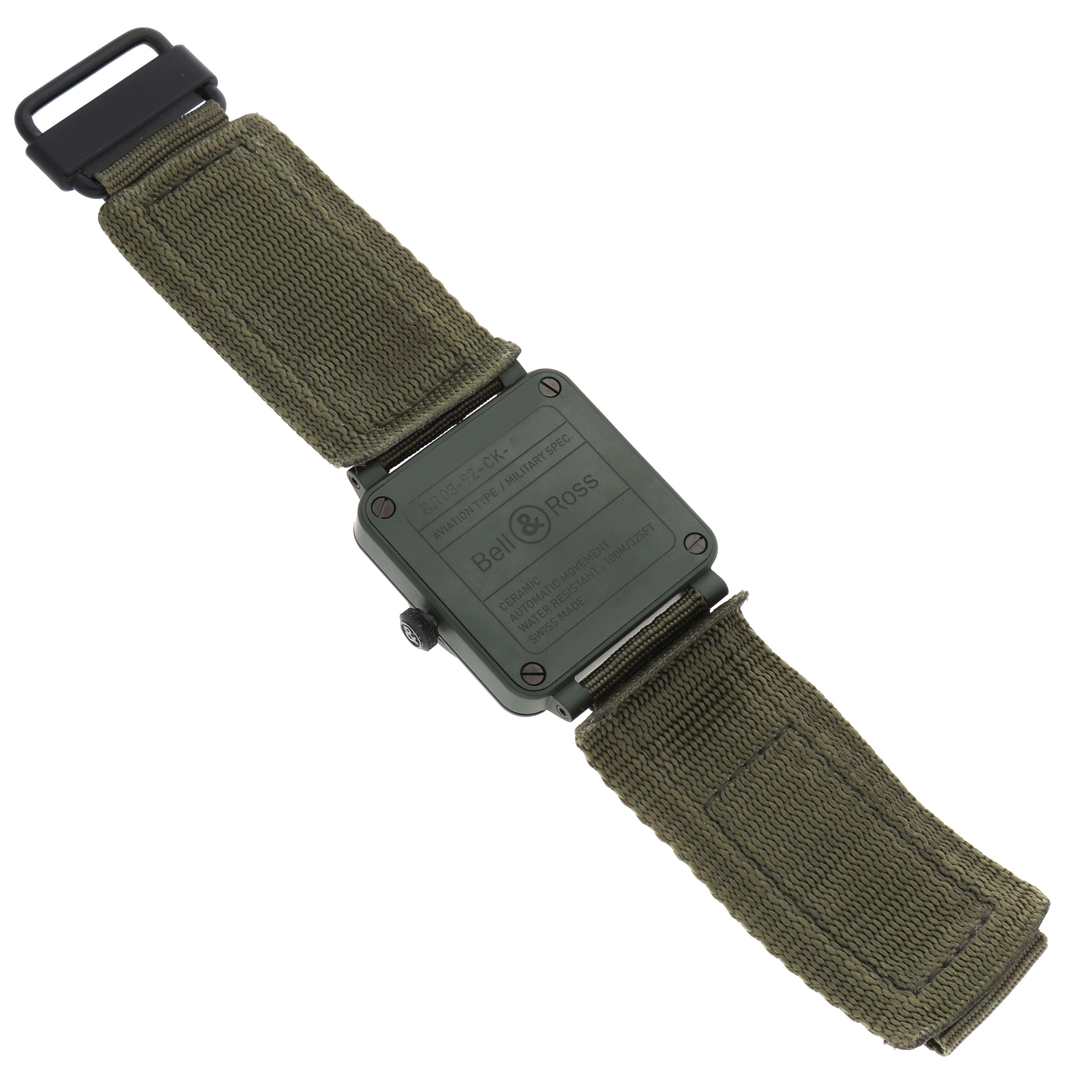 This image shows the back view of the Bell 
Ross Instruments BR03-92-CK Men
s Ceramic Black Dial BR03-92-CK Men
s Ceramic Black Dial model watch, focusing on its case back and green strap.
