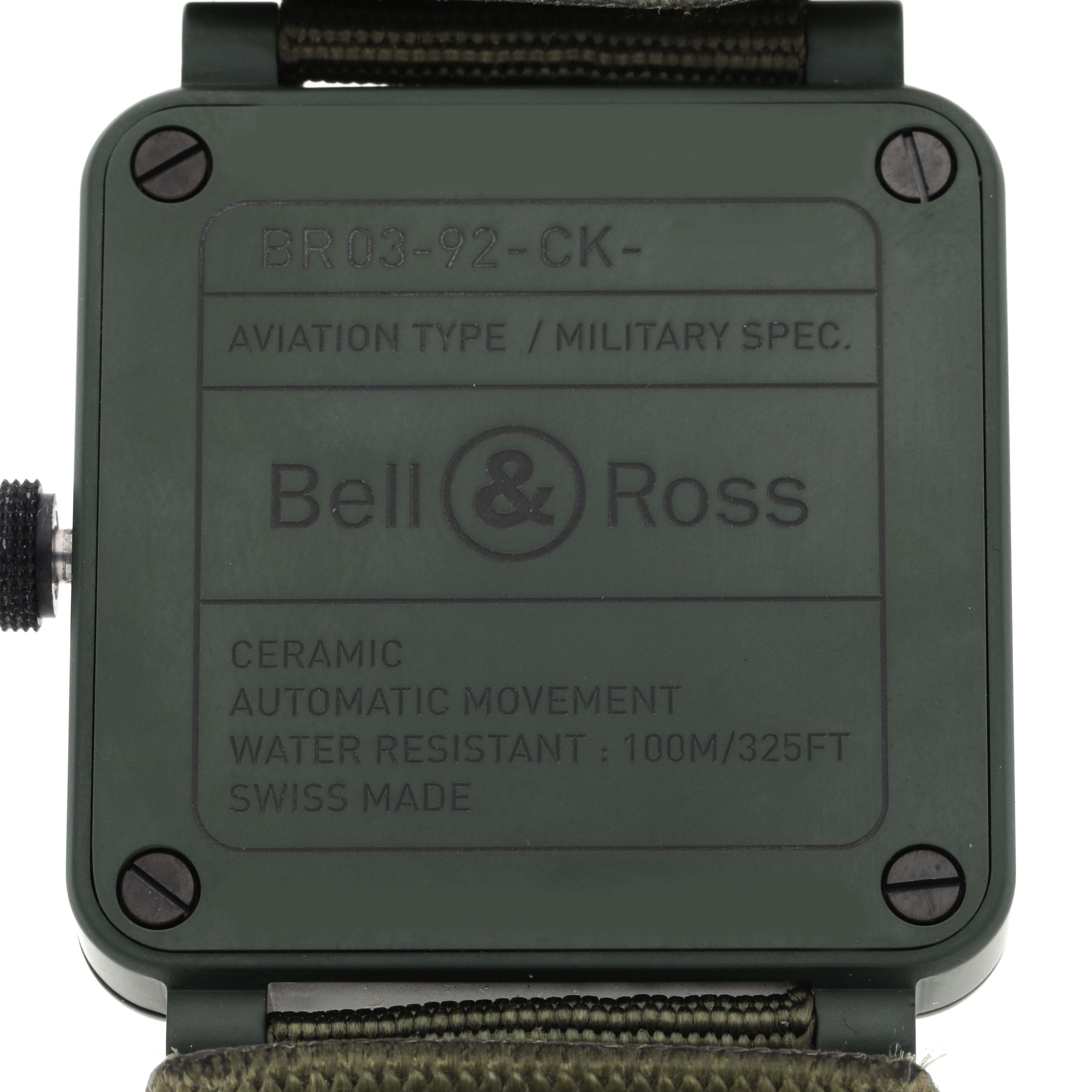 This image shows the back case of the Bell 
Ross Instruments BR03-92-CK Men
s Ceramic Black Dial BR03-92-CK Men
s Ceramic Black Dial BR03-92-CK watch, highlighting its specifications and brand logo.