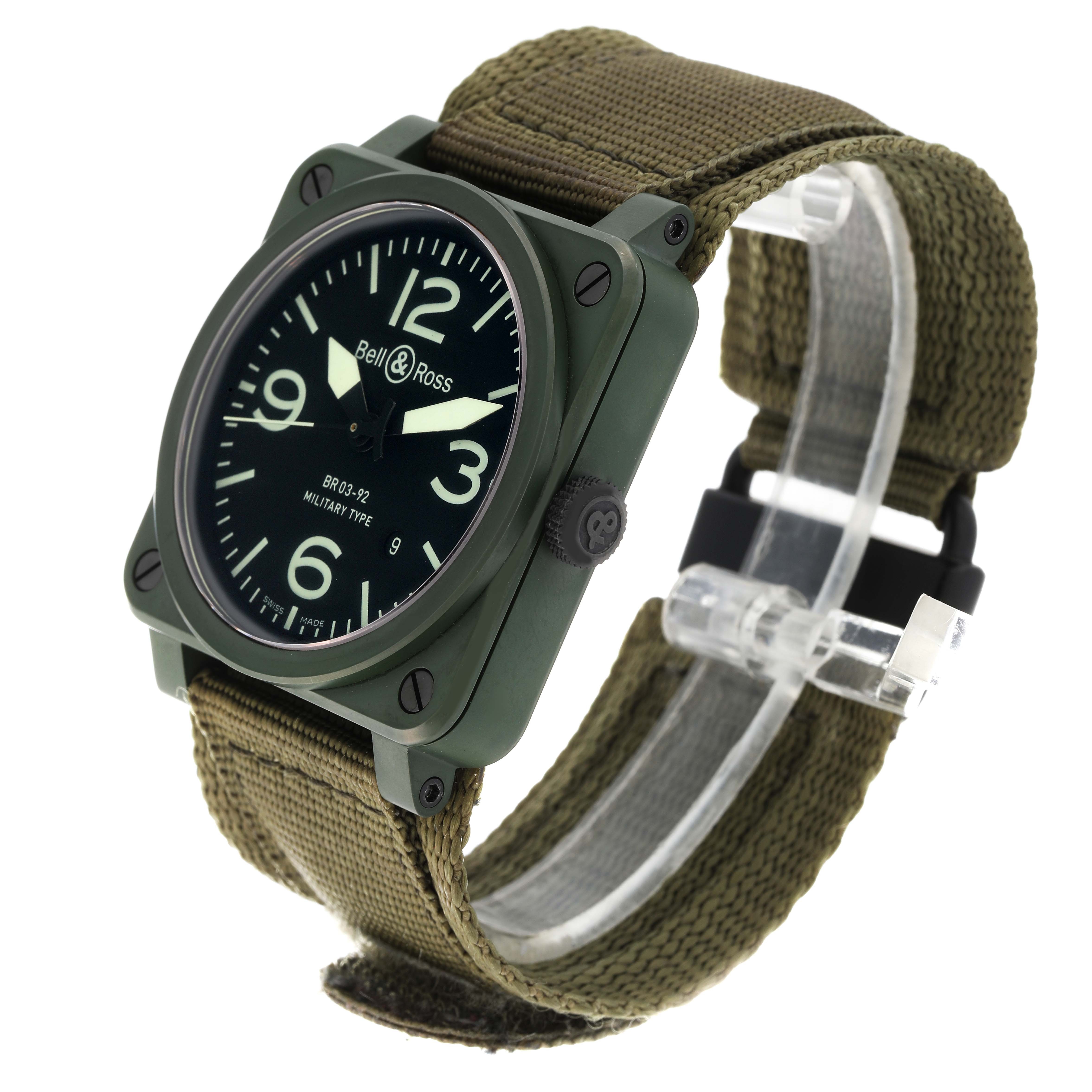 The Bell 
Ross Instruments BR03-92-CK Men
s Ceramic Black Dial BR03-92-CK Men
s Ceramic Black Dial model watch is shown at a three-quarter angle, displaying its face, case, and strap.