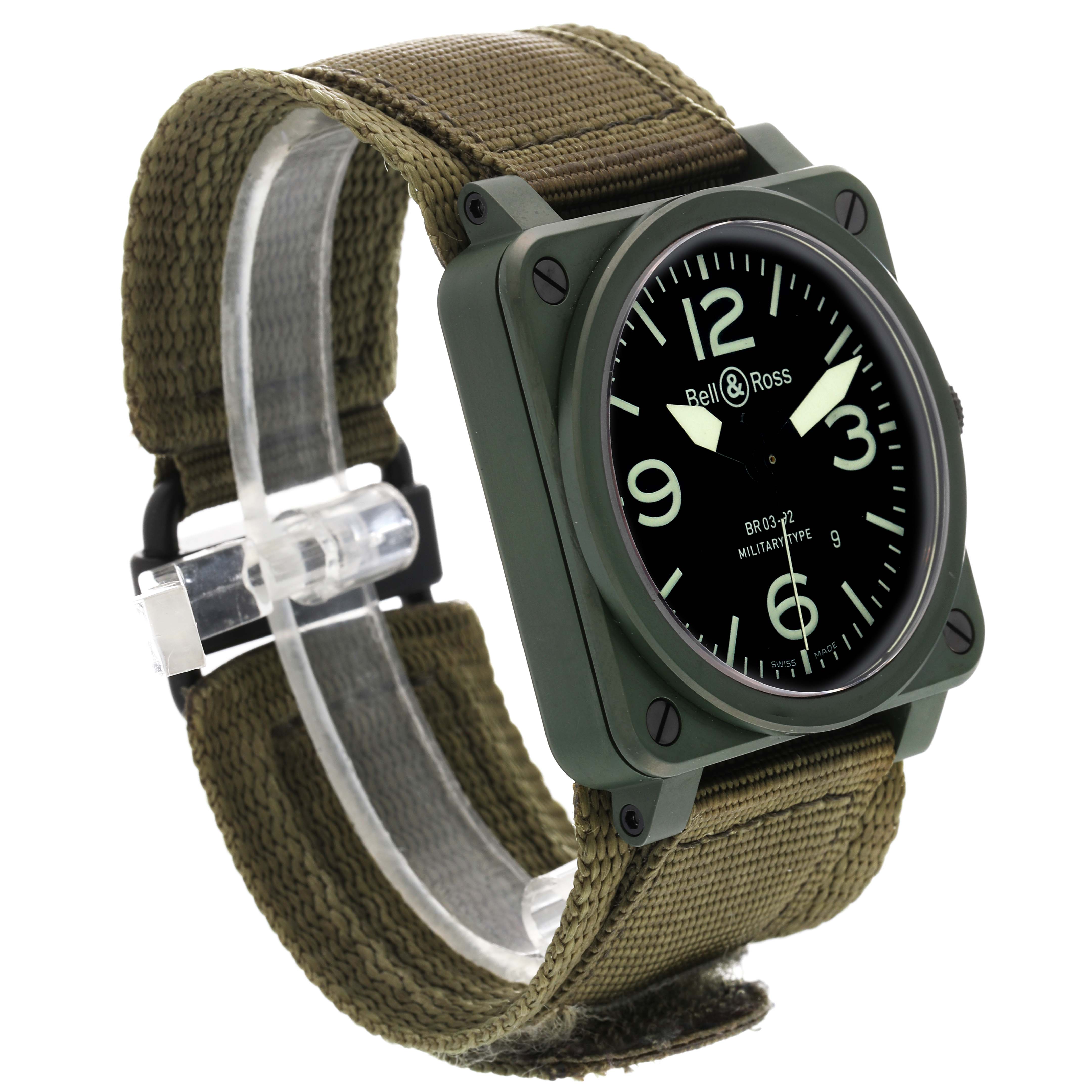 The image shows a side view of a Bell 
Ross Instruments BR03-92-CK Men
s Ceramic Black Dial BR03-92-CK Men
s Ceramic Black Dial model watch with a green strap and a black dial.