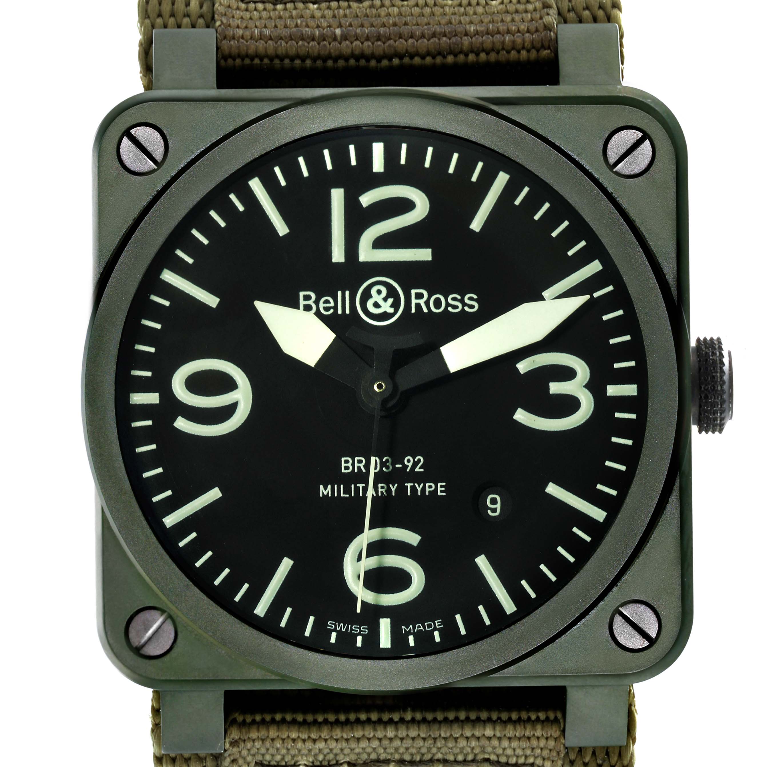 This is a close-up front view of the Bell 
Ross Instruments BR03-92-CK Men
s Ceramic Black Dial BR03-92-CK Men
s Ceramic Black Dial BR03-92 Military Type watch face and bezel.