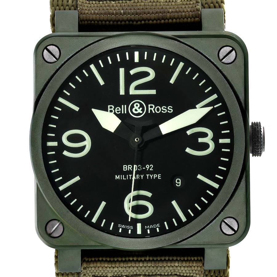 This is a close-up front view of the Bell & Ross Instruments BR03-92 Military Type watch face and bezel.