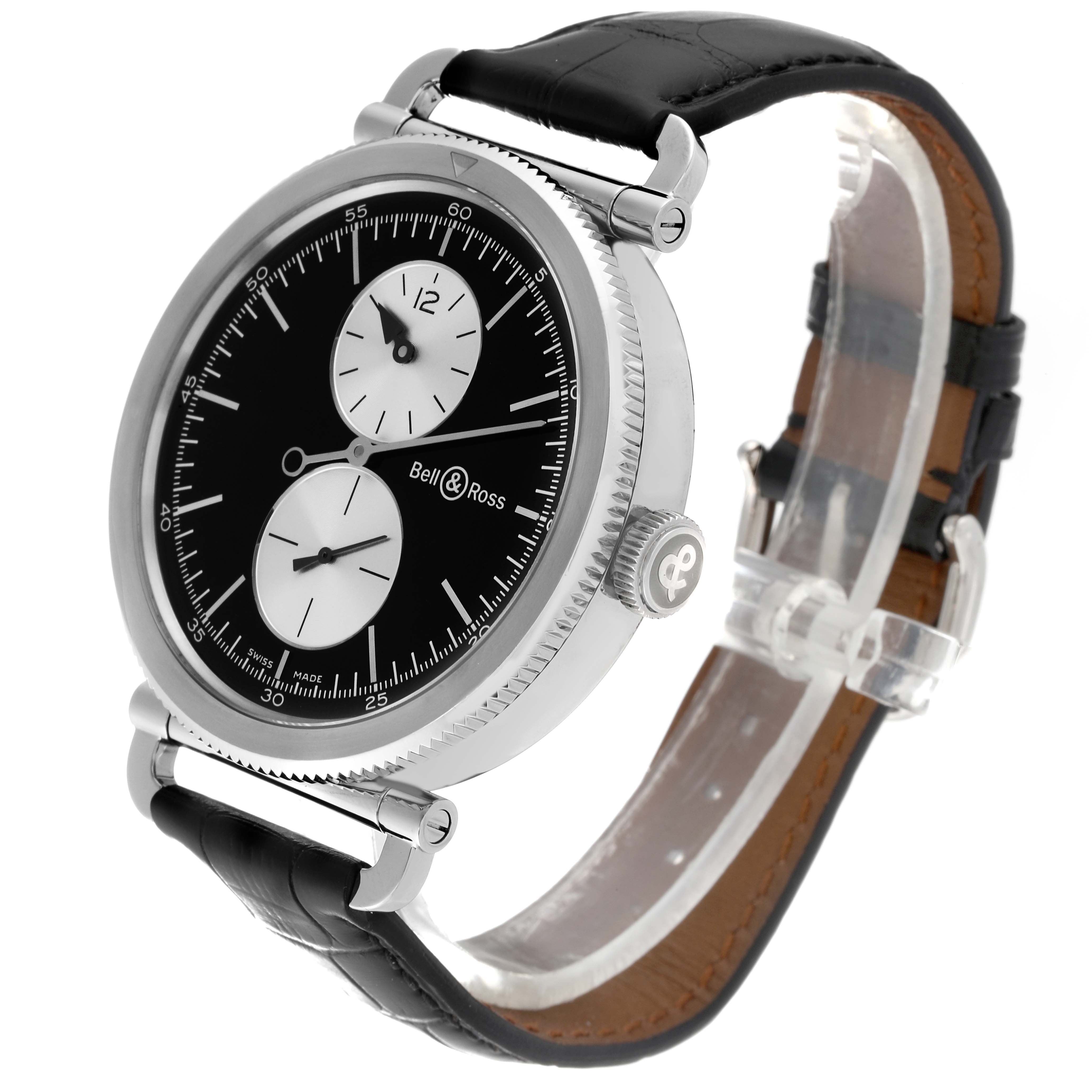 This image shows a side angle of a Bell & Ross Heritage BRV294-BC-BR/SCA Men's Stainless Steel Black Dial BRV294-BC-BR/SCA Men's Stainless Steel Black Dial model watch, displaying the black dial, subdials, and leather strap.