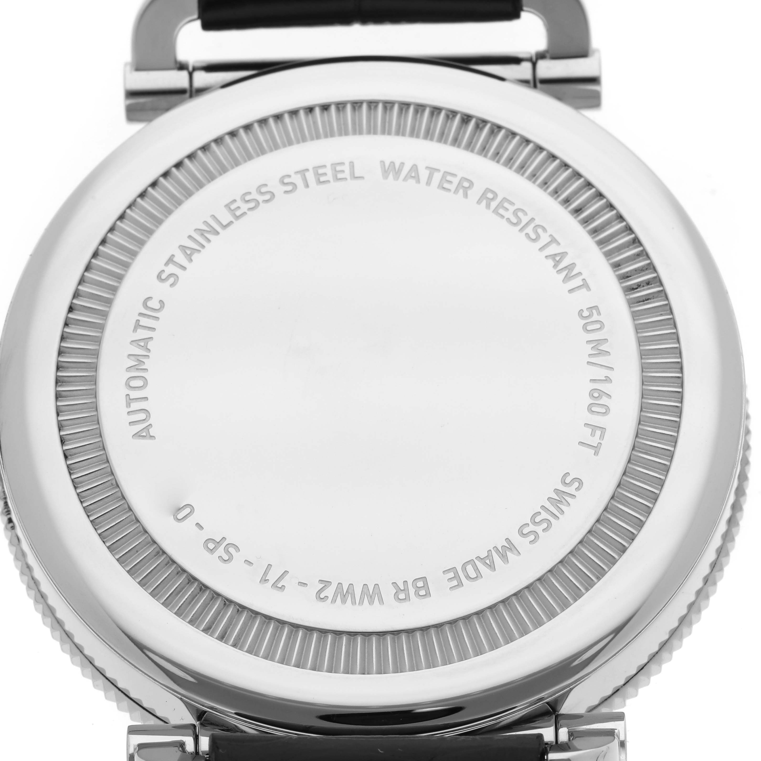 The image shows the case back of a Bell & Ross Heritage BRV294-BC-BR/SCA Men's Stainless Steel Black Dial BRV294-BC-BR/SCA Men's Stainless Steel Black Dial model watch, highlighting its stainless steel and water resistance features.