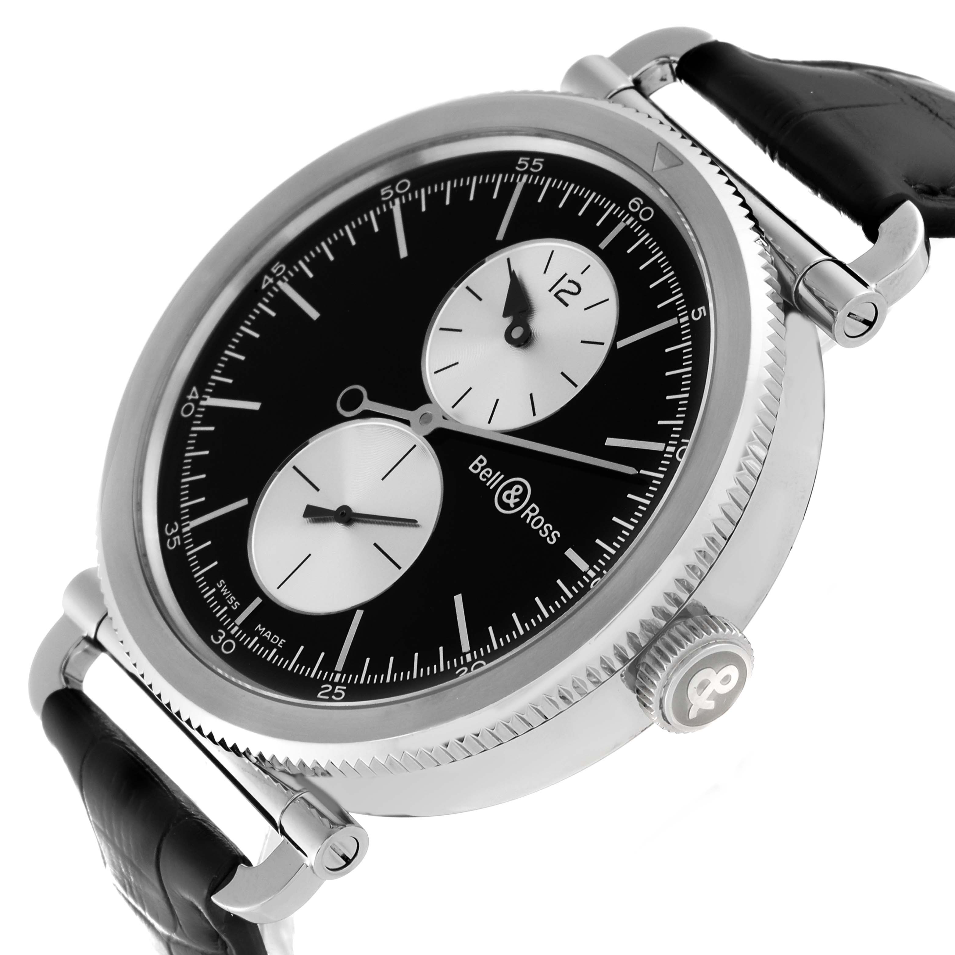 This image shows the Bell & Ross Heritage BRV294-BC-BR/SCA Men's Stainless Steel Black Dial BRV294-BC-BR/SCA Men's Stainless Steel Black Dial model watch from a three-quarter angle highlighting its face, case, dial, and leather strap.