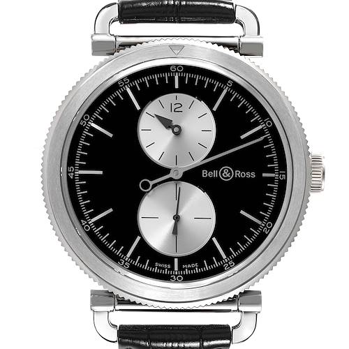 This image shows a front view of the Bell & Ross Heritage model watch, highlighting its dial, subdials, and crown.