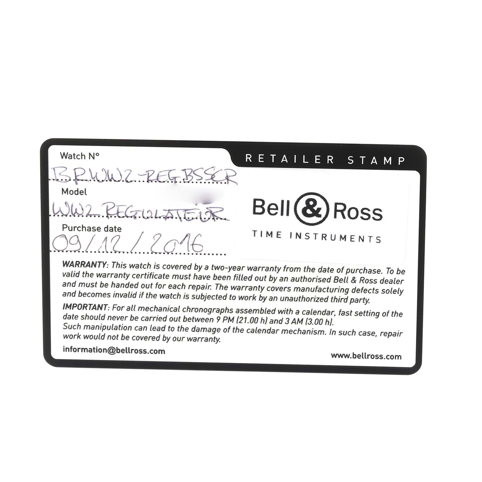 The image shows a warranty card for a Bell & Ross WW2-Regulateur Heritage model watch.