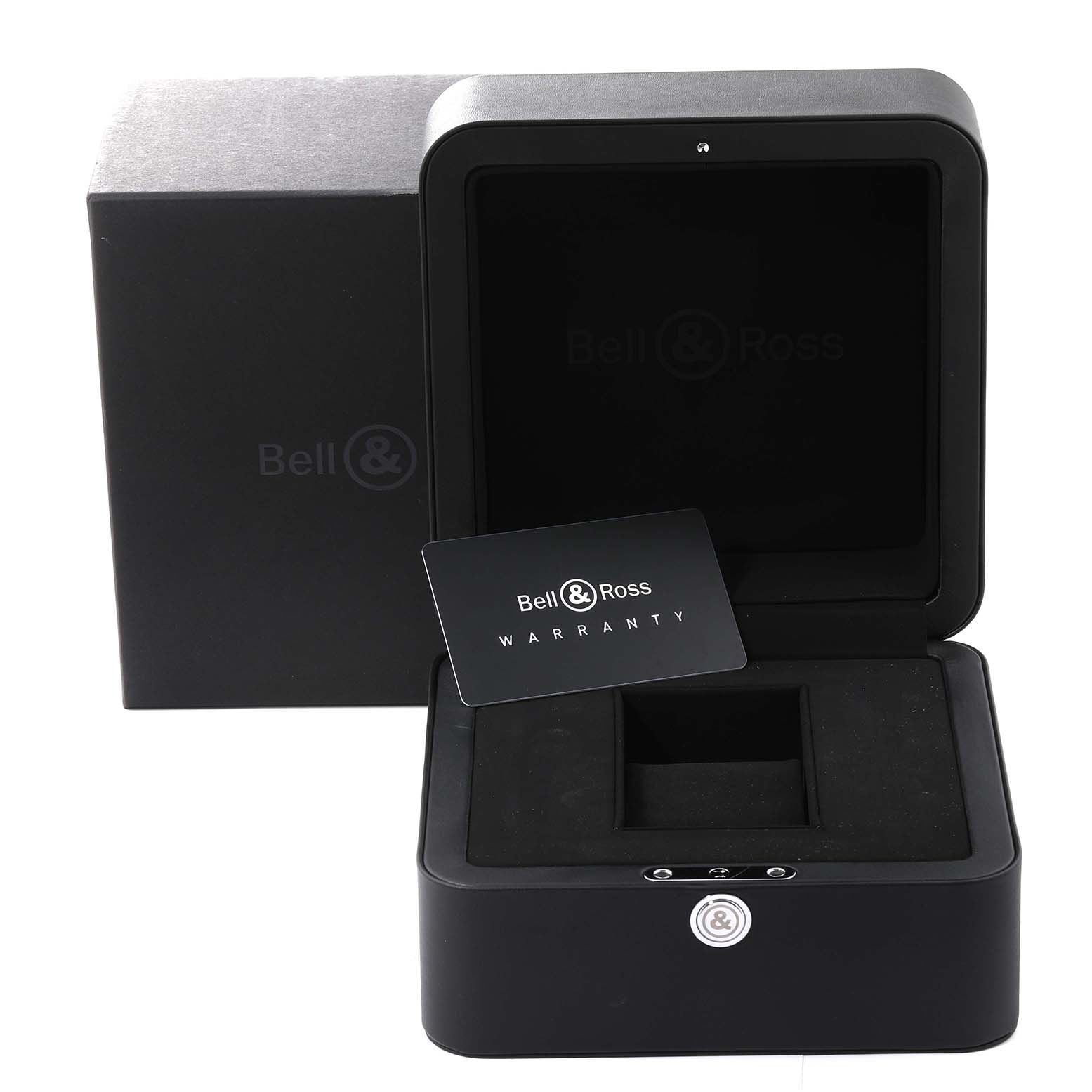 The image shows the opened box and warranty card of the Bell & Ross Heritage BRV294-BC-BR/SCA Men's Stainless Steel Black Dial BRV294-BC-BR/SCA Men's Stainless Steel Black Dial model watch.