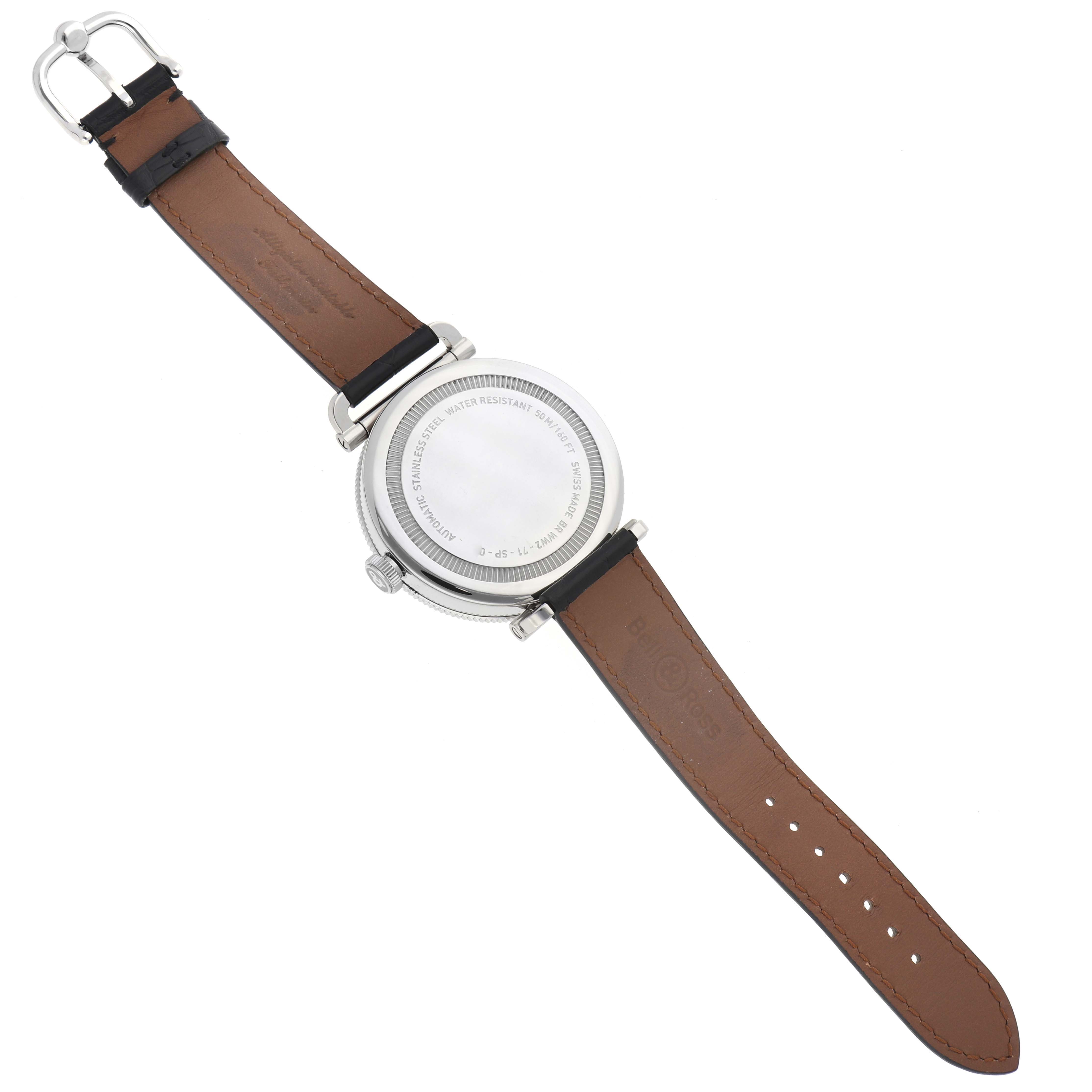 The Bell & Ross Heritage BRV294-BC-BR/SCA Men's Stainless Steel Black Dial BRV294-BC-BR/SCA Men's Stainless Steel Black Dial model watch is shown from the back, displaying its case back, leather strap, and buckle.