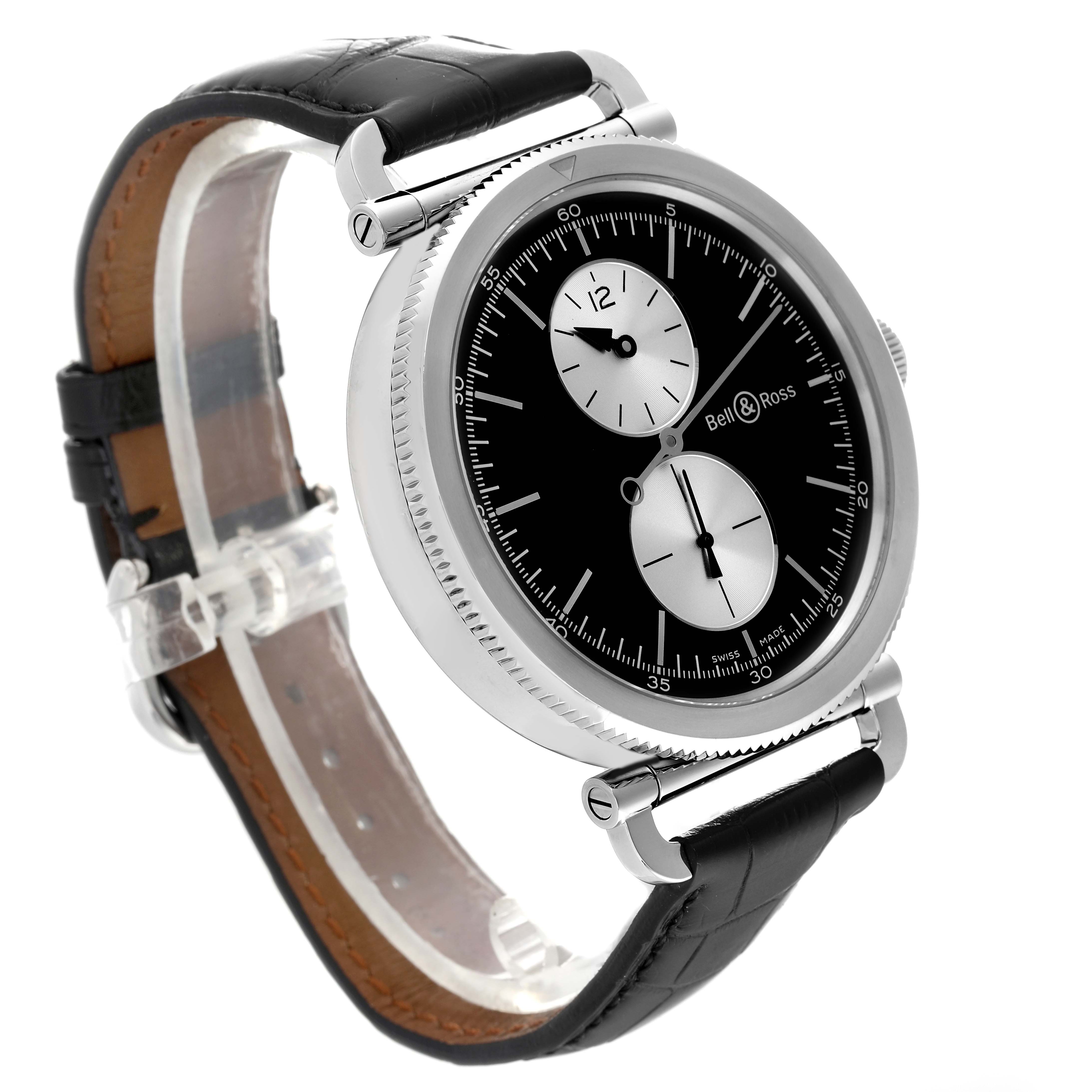 The image shows a side angle of a Bell & Ross Heritage BRV294-BC-BR/SCA Men's Stainless Steel Black Dial BRV294-BC-BR/SCA Men's Stainless Steel Black Dial model watch with a black leather strap and a black dial with two sub-dials.