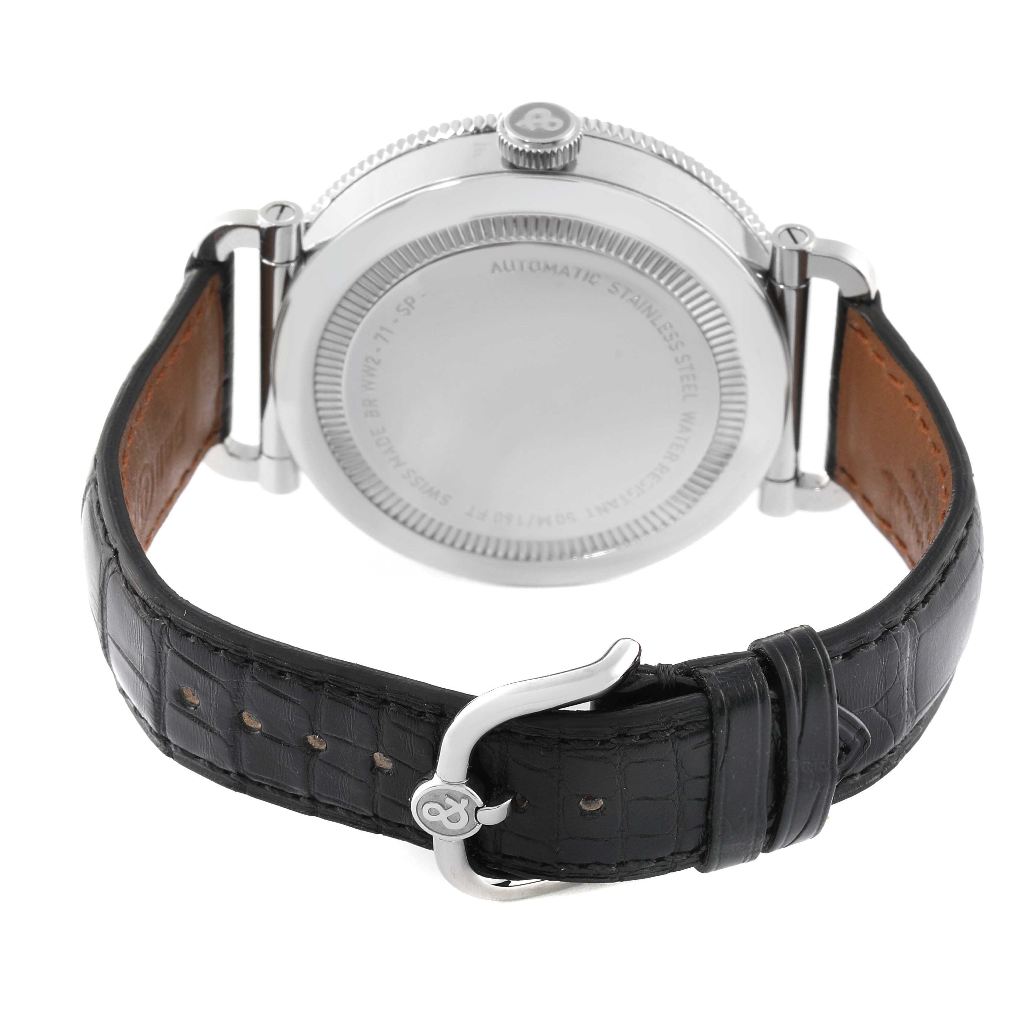 The image shows the back view of the Bell & Ross Heritage BRV294-BC-BR/SCA Men's Stainless Steel Black Dial BRV294-BC-BR/SCA Men's Stainless Steel Black Dial model watch, including its case back, crown, and leather strap with the buckle.