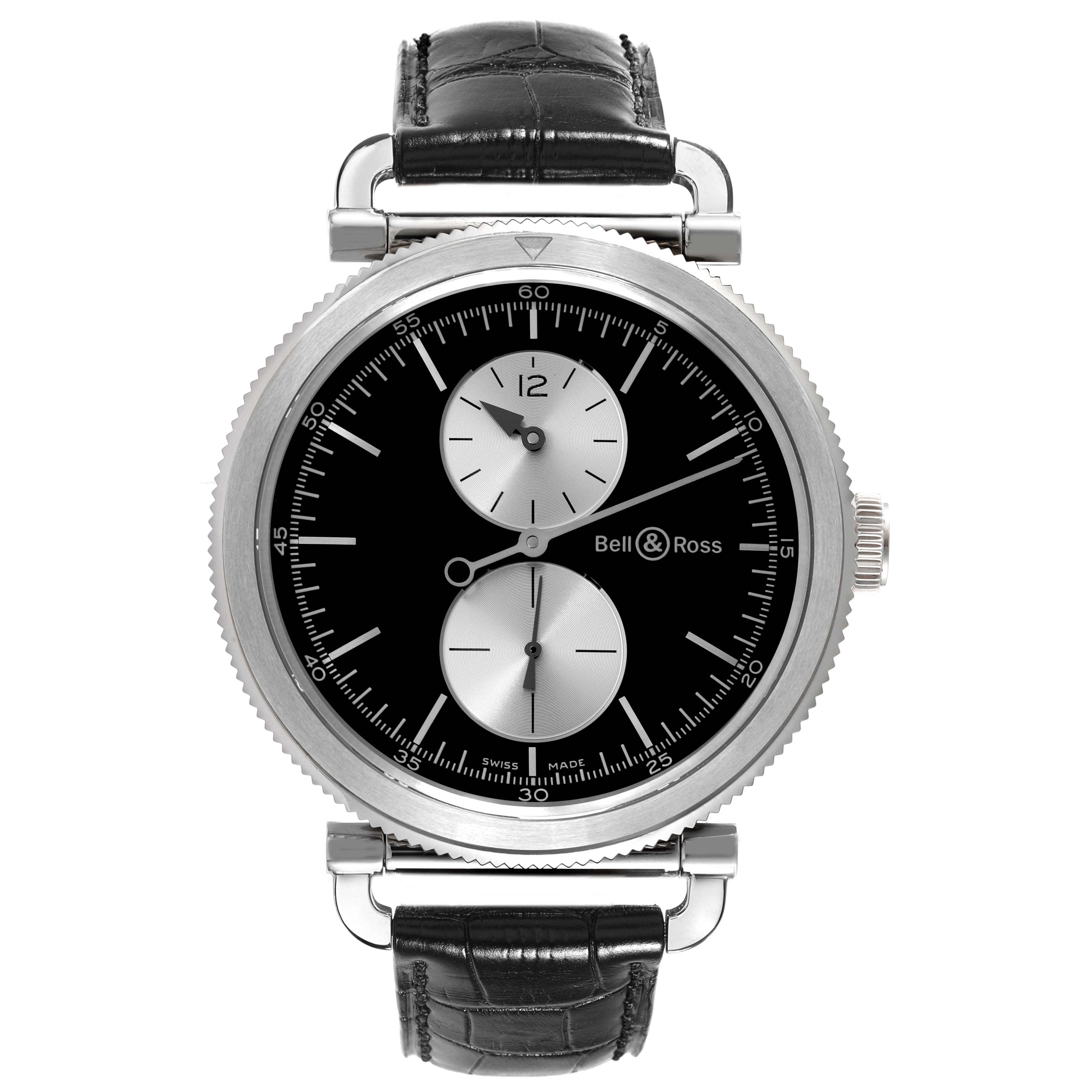 The image shows a front view of the Bell & Ross Heritage BRV294-BC-BR/SCA Men's Stainless Steel Black Dial BRV294-BC-BR/SCA Men's Stainless Steel Black Dial model watch, displaying the dial, hands, and leather strap.