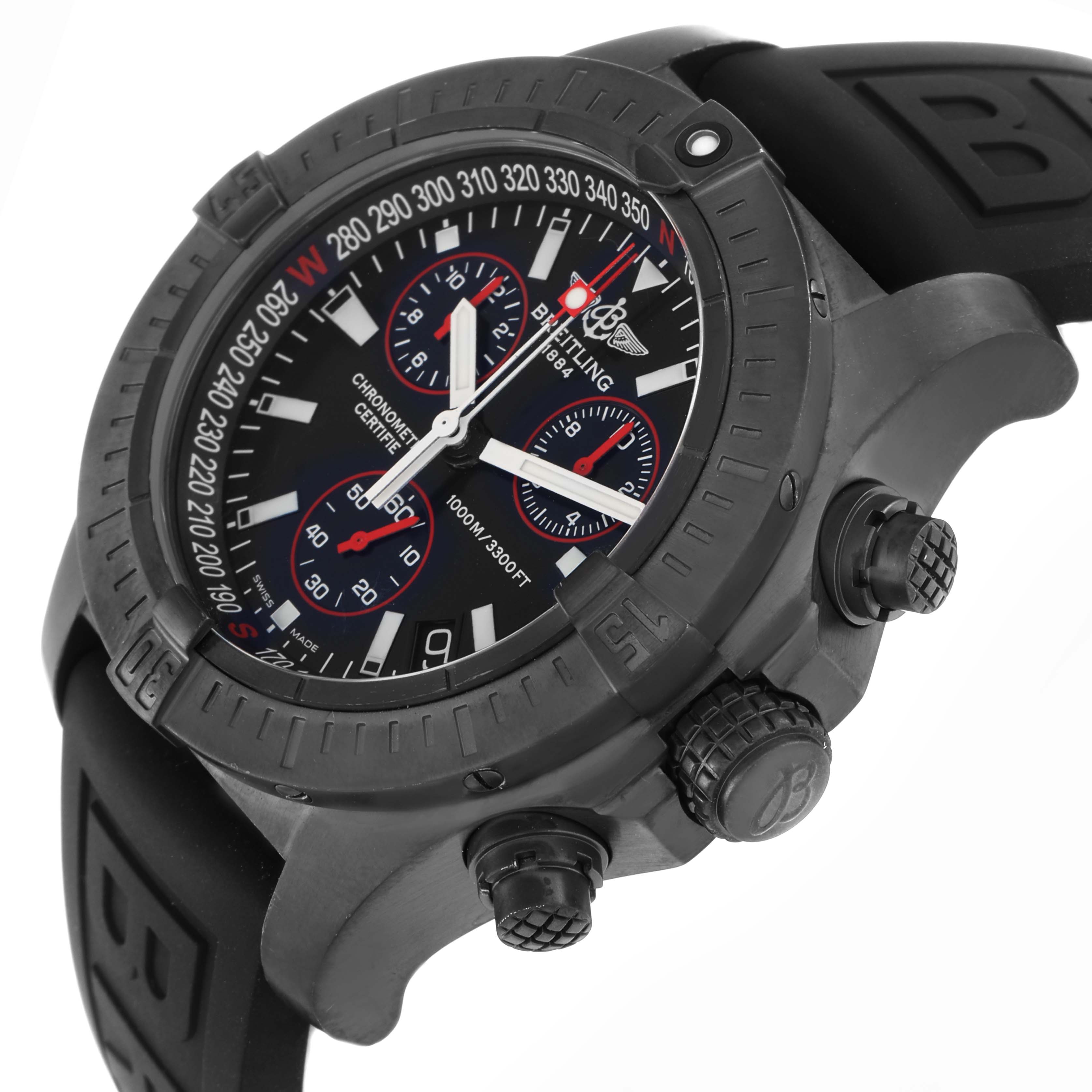 The Breitling Avenger M73390 men
s watch is shown at an angled view highlighting the bezel, dial, chronograph subdials, and rubber strap.