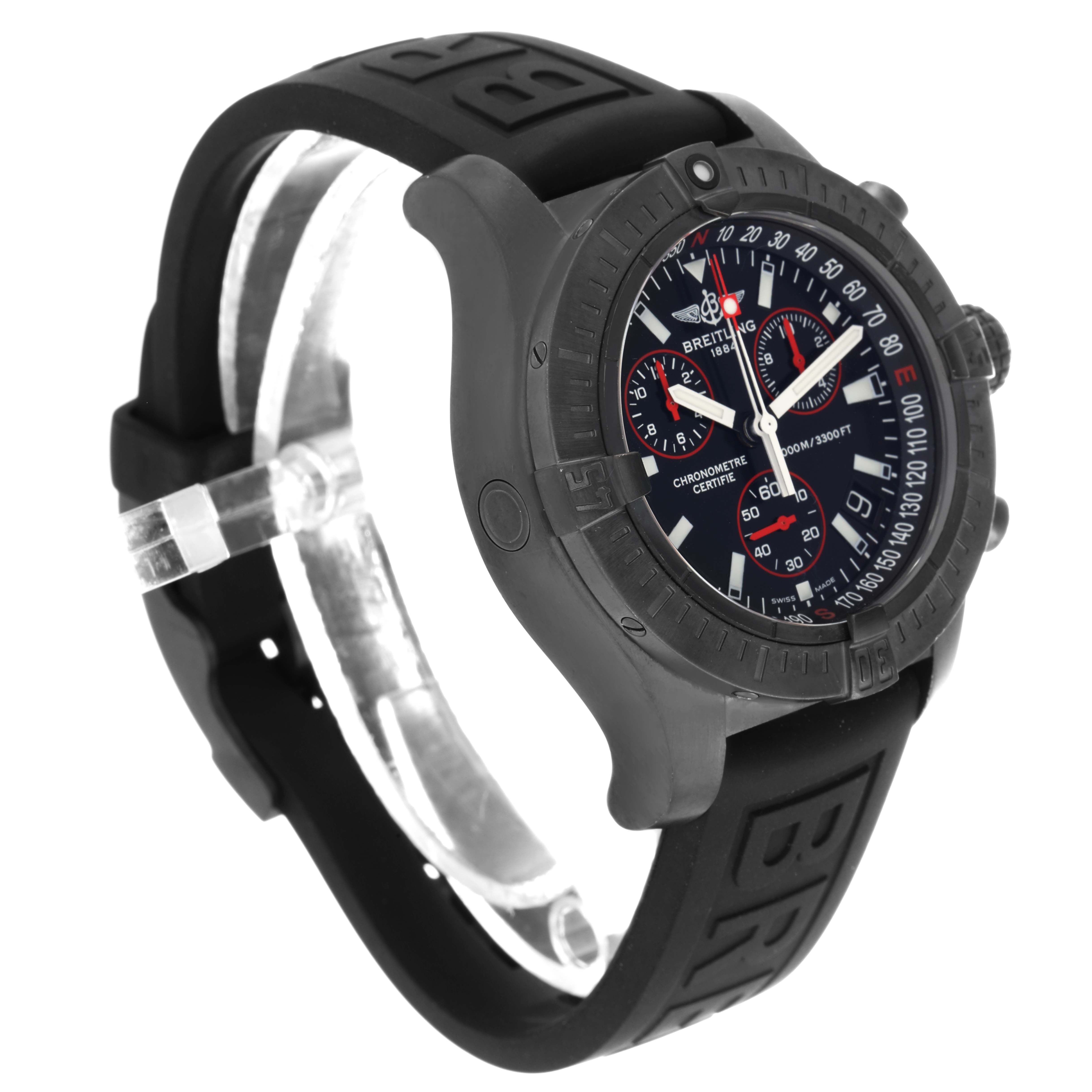 The Breitling Avenger model M73390 men
s watch is shown from a three-quarter side angle, highlighting the bezel, dial, and rubber strap.