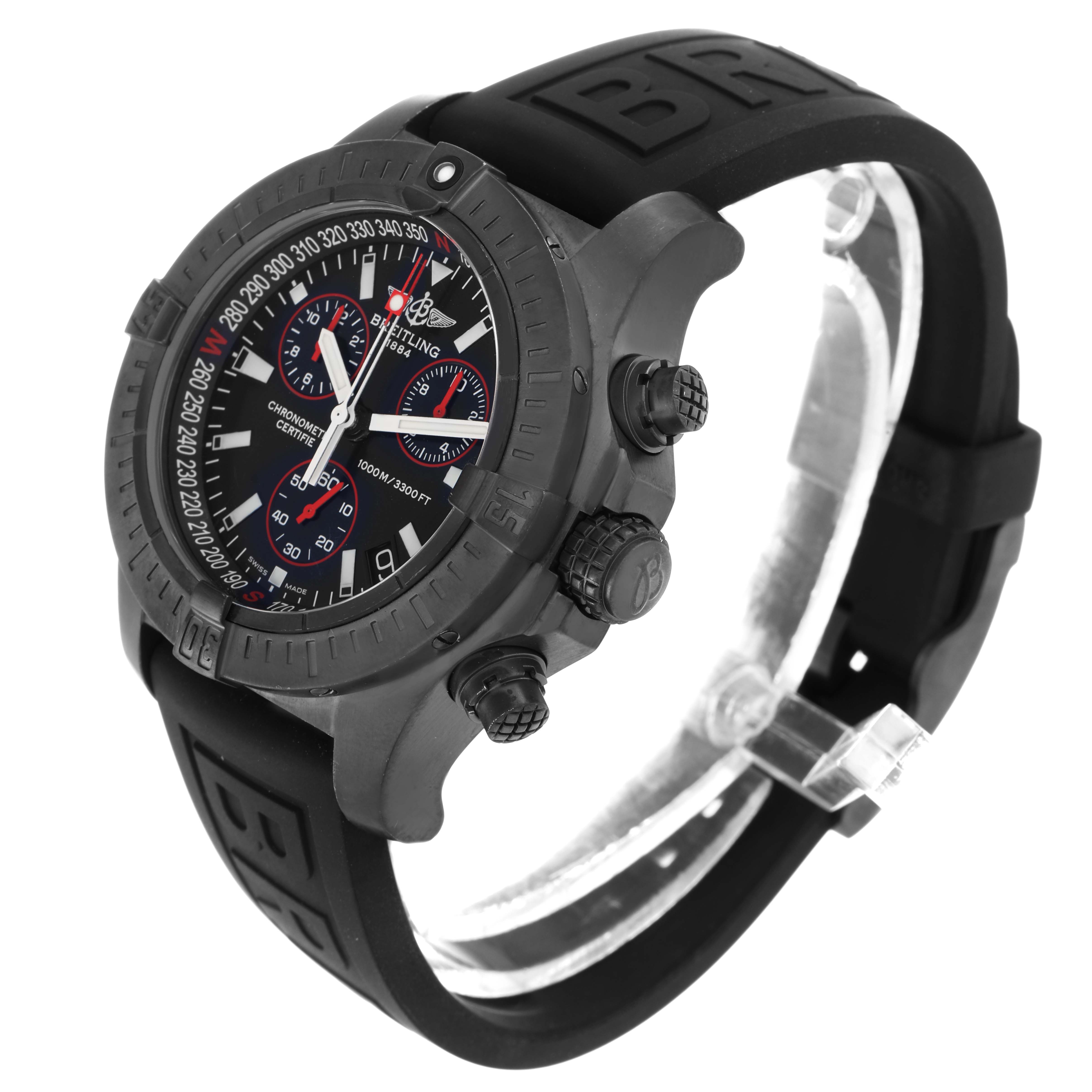 The Breitling Avenger M73390 men
s watch is shown at a three-quarter angle, highlighting the black bezel, dial, chronograph subdials, and rubber strap.