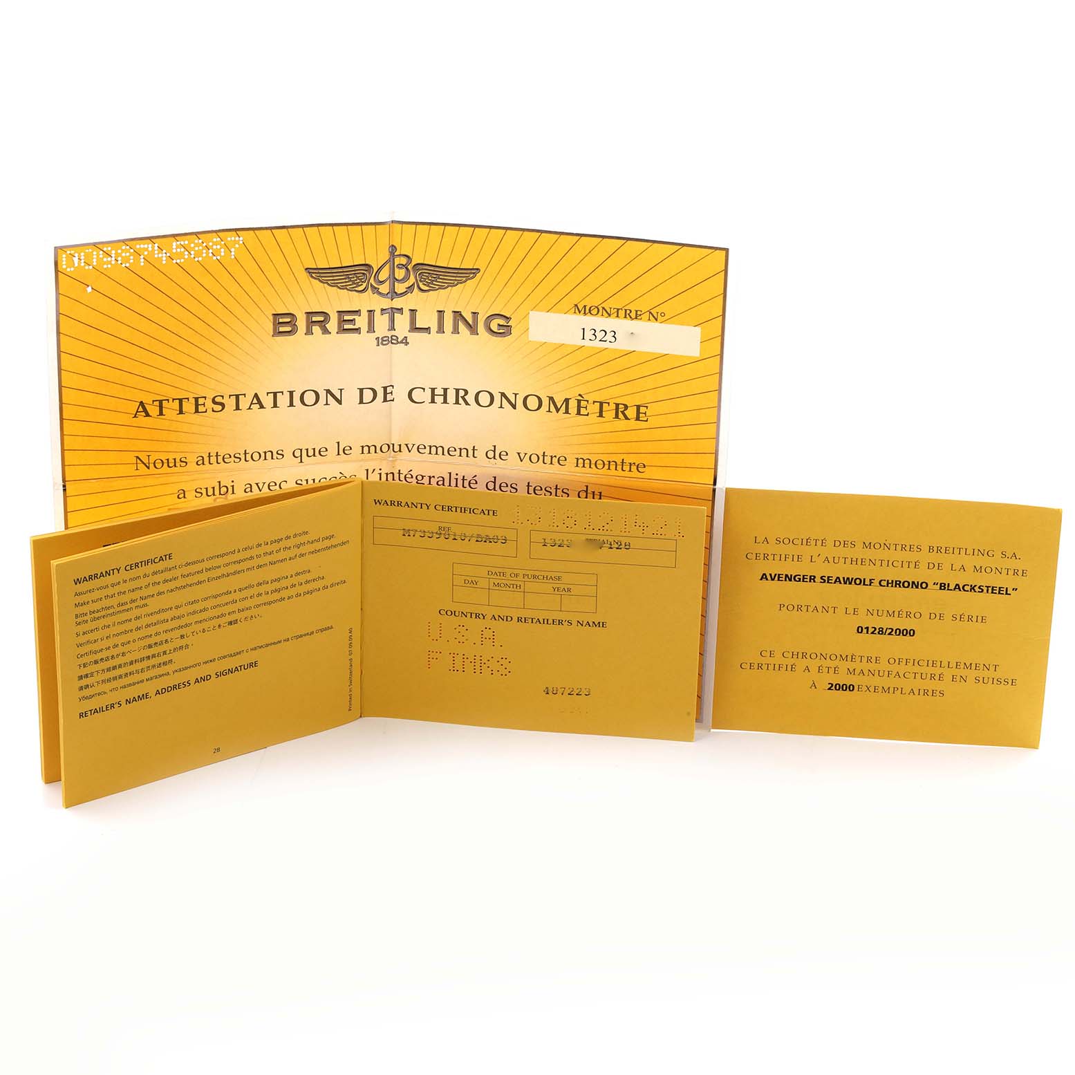 This image shows a Breitling Avenger M73390 watch
s certification documents, including an attestation of chronometer and warranty certificate.