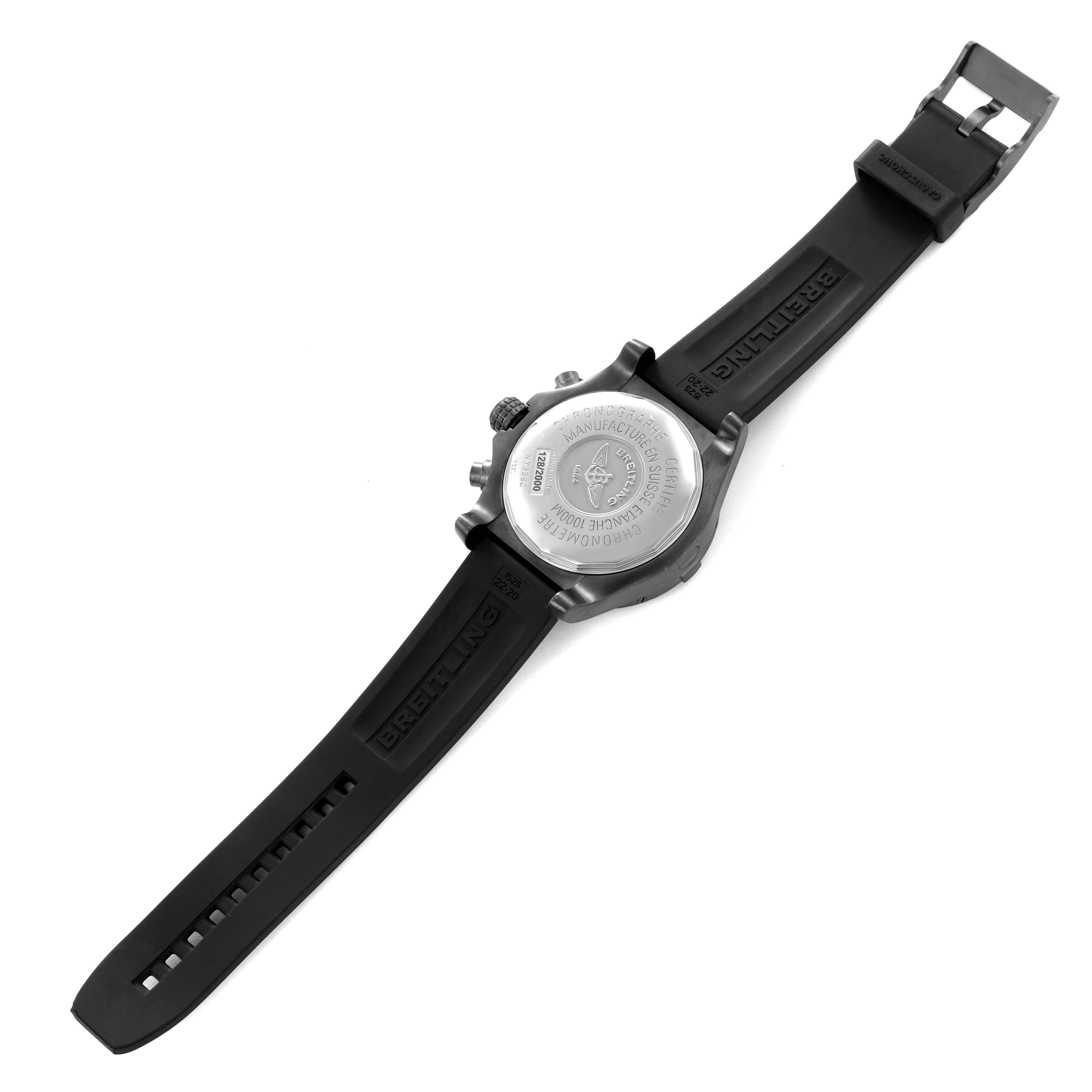 The image shows the back view of the Breitling Avenger M73390 men
s watch, highlighting the case back, strap, and clasp.