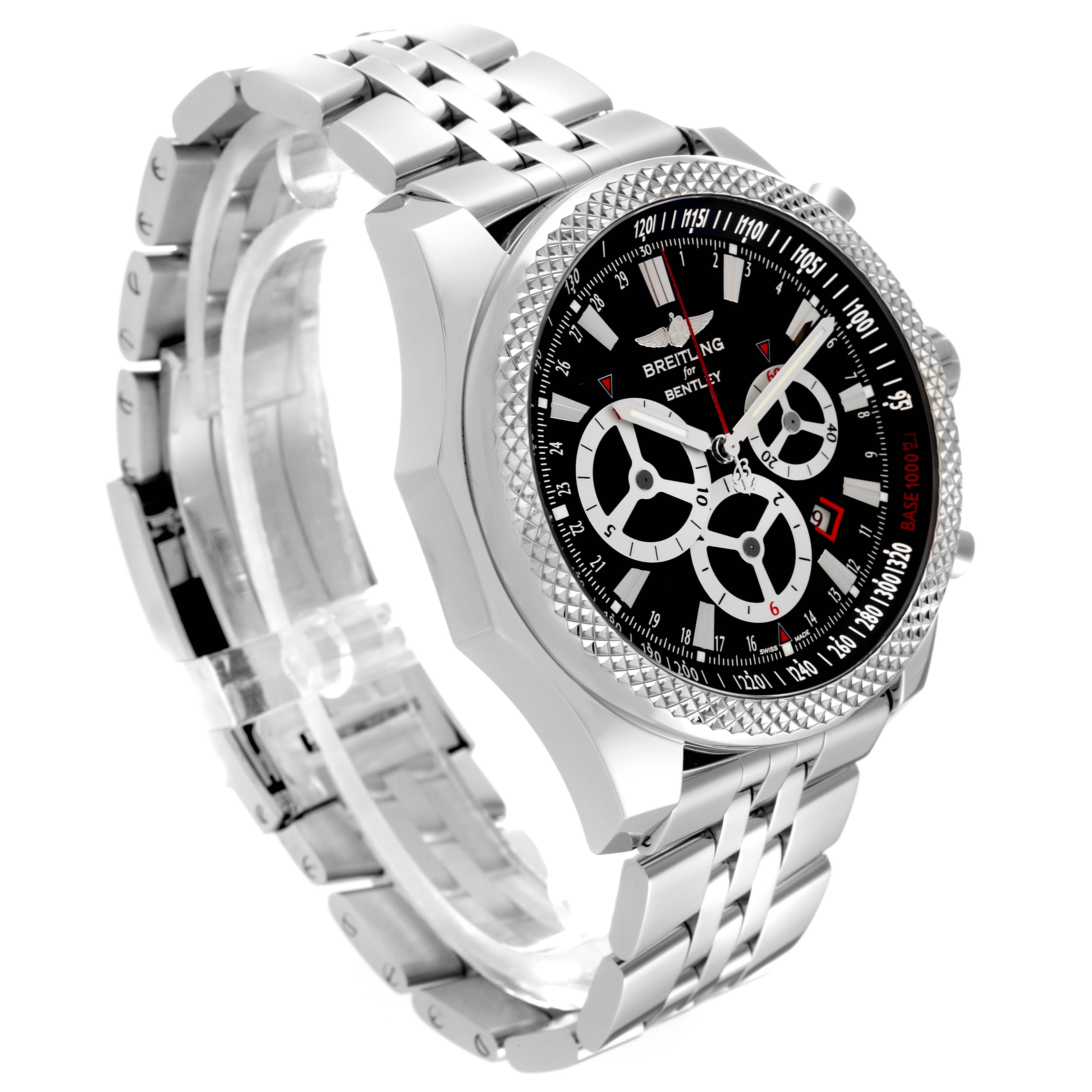 This image shows a side and angled front view of the Breitling Bentley A25366 Men's Stainless Steel Black Dial A25366 Men's Stainless Steel Black Dial watch, displaying the bezel, dial, and metal bracelet.