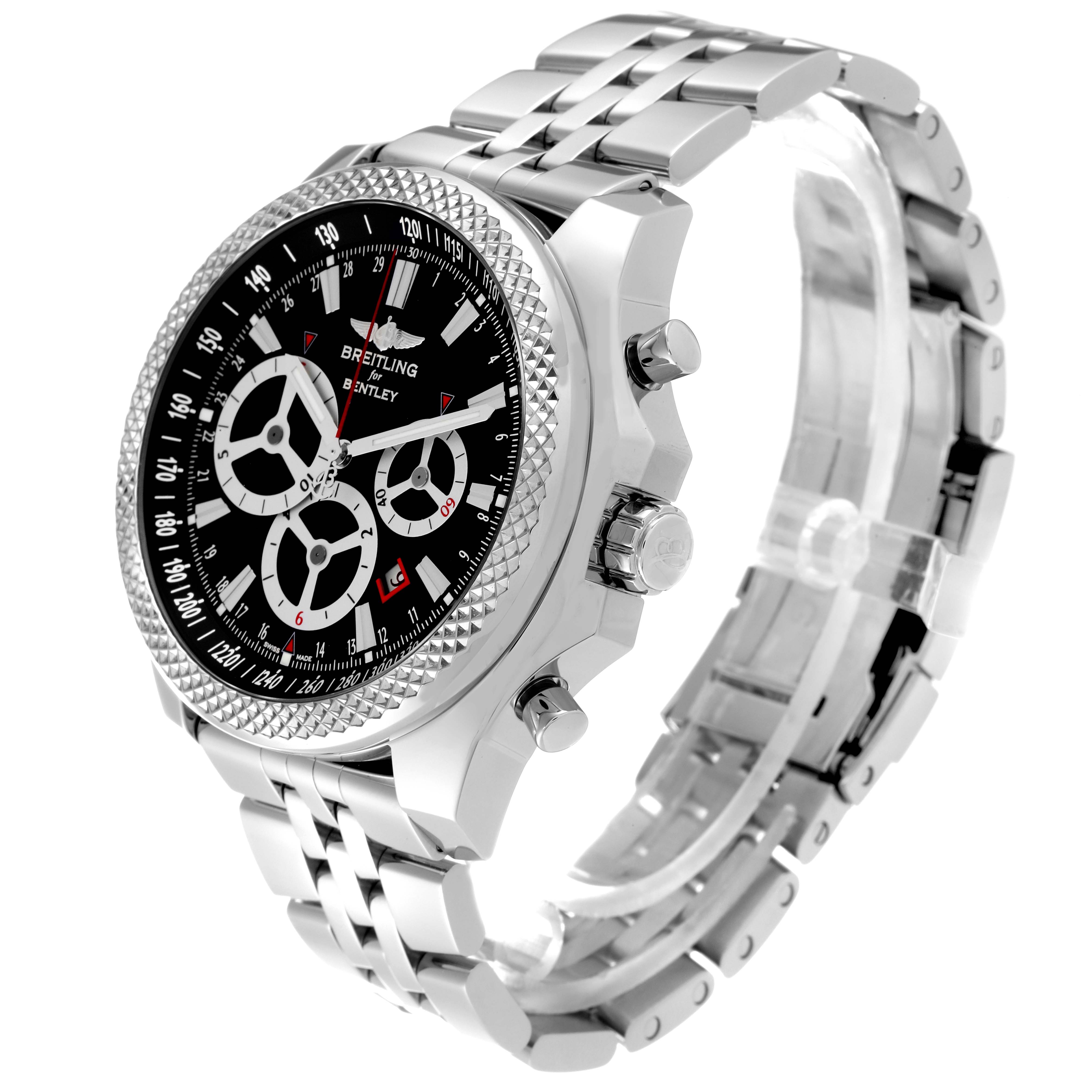 The Bentley watch by Breitling is shown at a three-quarter angle, highlighting its face, crown, chronograph pushers, and metal bracelet.