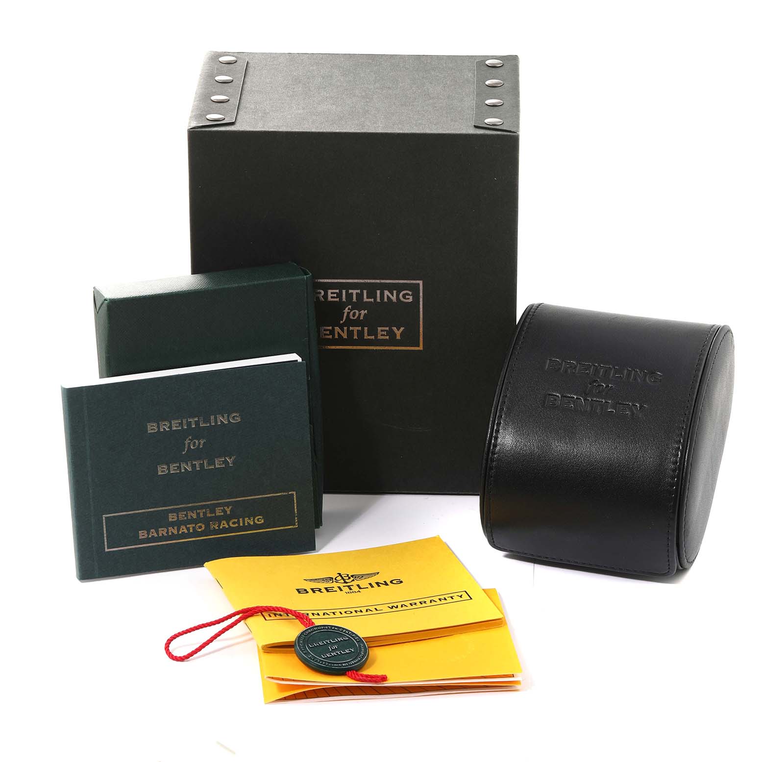 The image shows the packaging, manuals, and warranty card for a Breitling Bentley A25366 Men's Stainless Steel Black Dial A25366 Men's Stainless Steel Black Dial watch model.