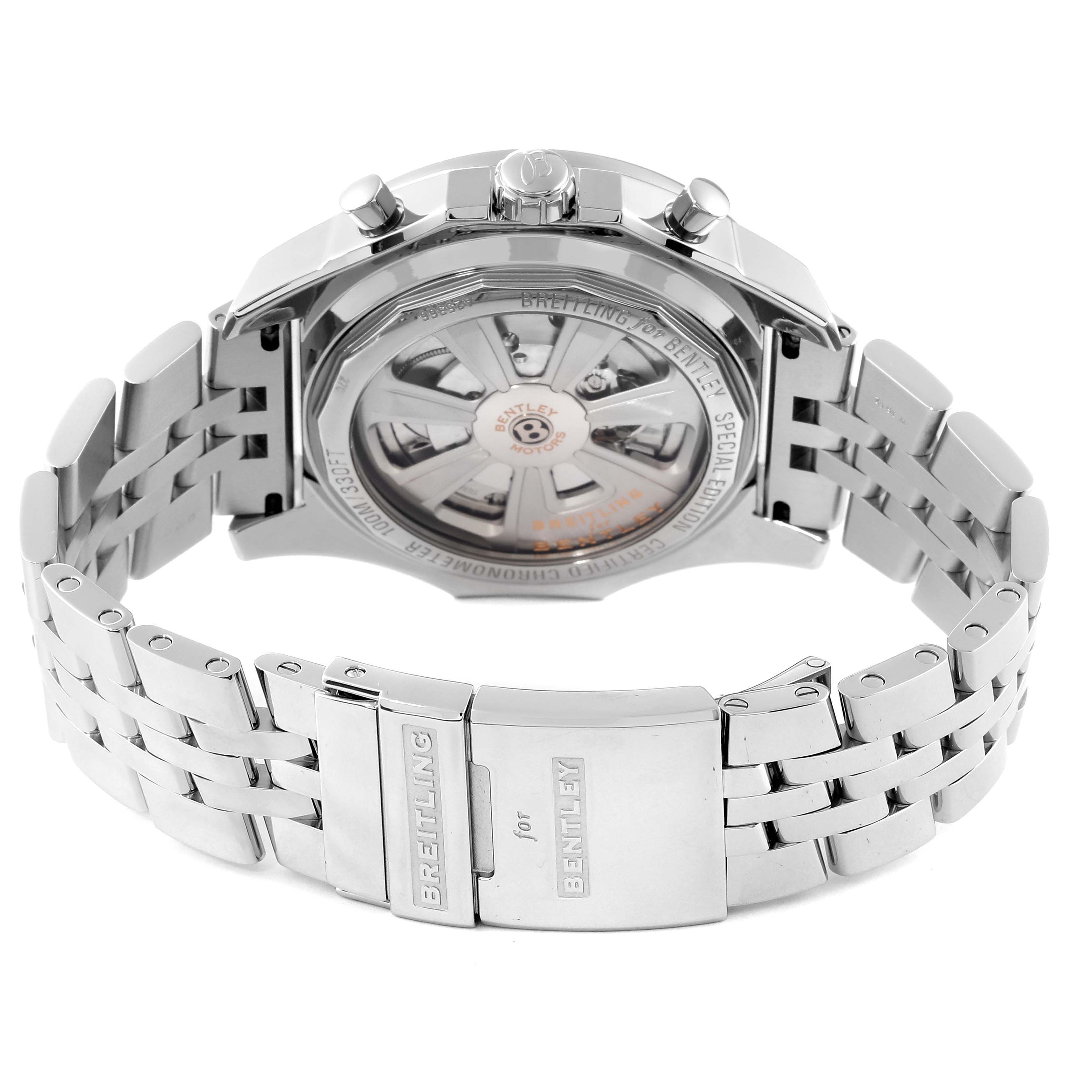 This image shows the back view of a Breitling for Bentley watch, highlighting the bracelet, clasp, and transparent case back.