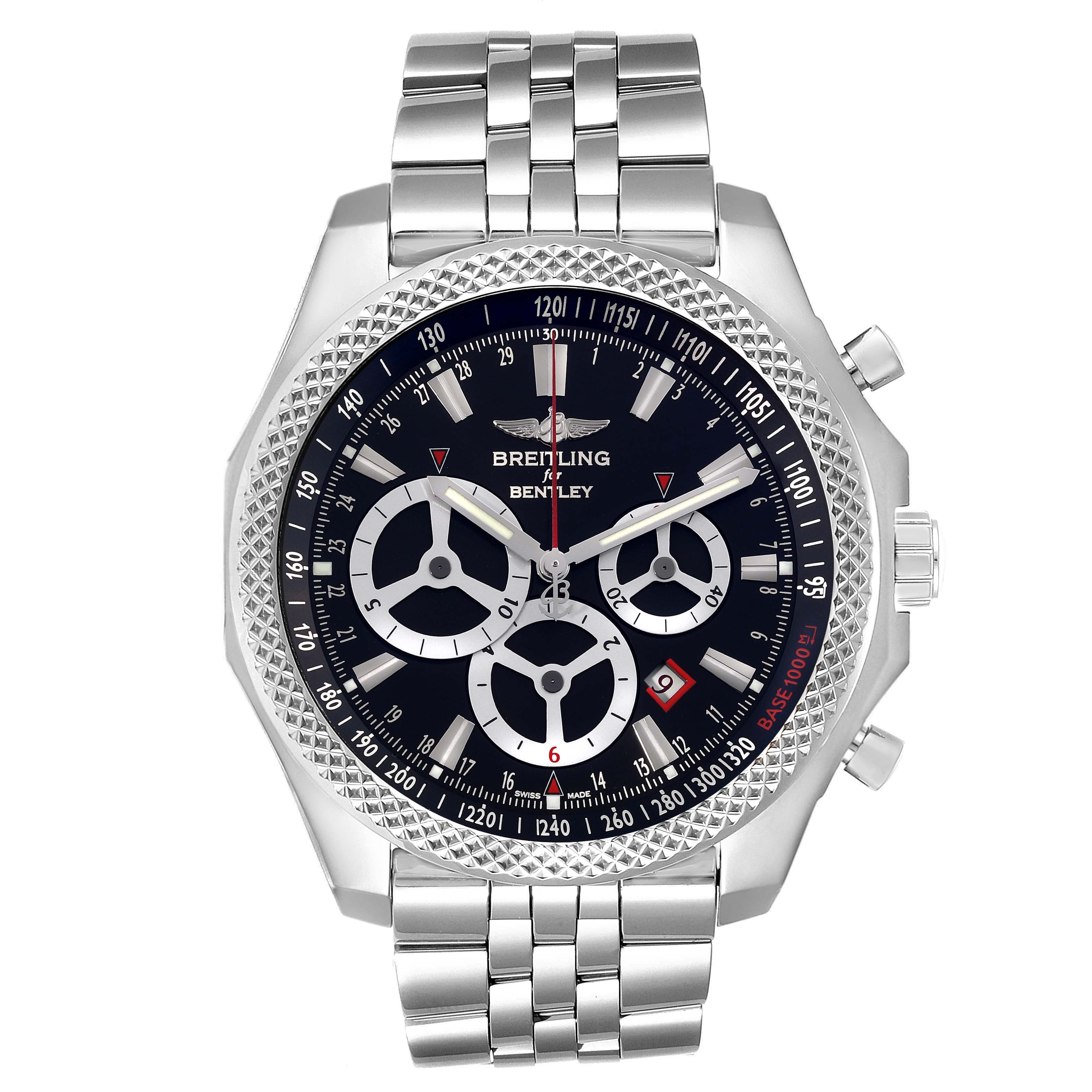 This image shows a front view of the Breitling Bentley A25366 Men's Stainless Steel Black Dial A25366 Men's Stainless Steel Black Dial model watch, highlighting its dial, bezel, and metallic bracelet.