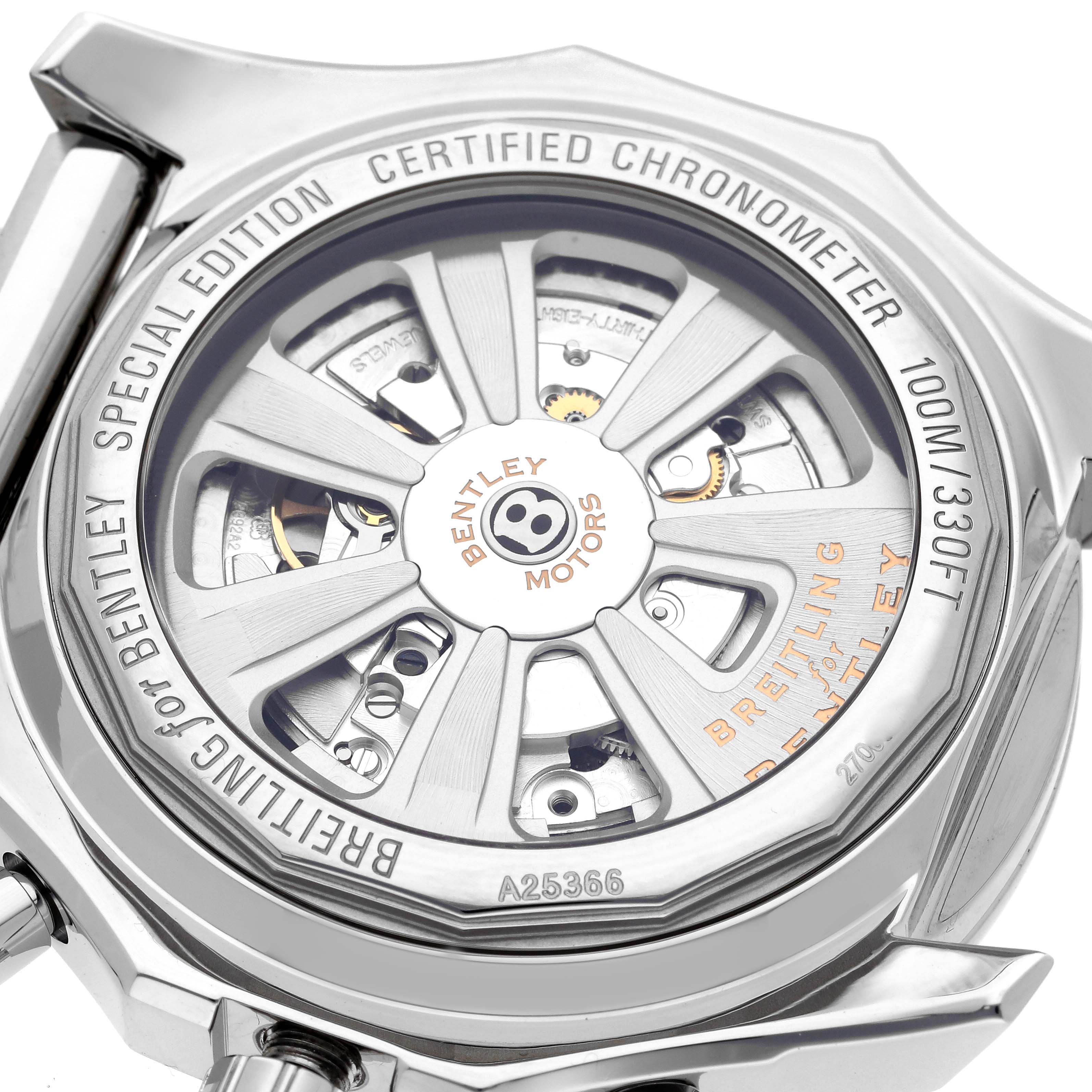 The image shows the case back of the Breitling Bentley A25366 Men's Stainless Steel Black Dial A25366 Men's Stainless Steel Black Dial model, focusing on its movement and inscriptions.