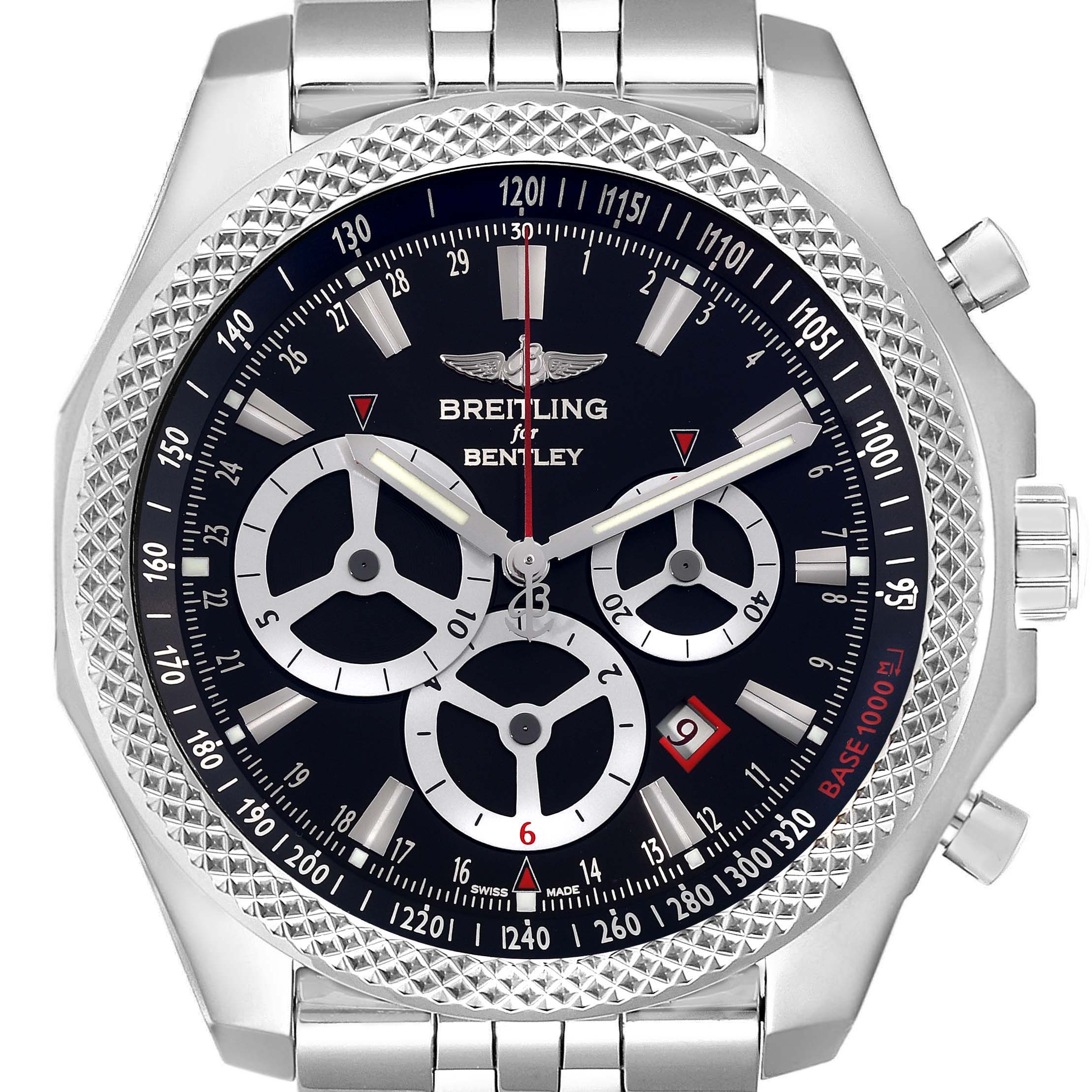 This Breitling Bentley A25366 Men's Stainless Steel Black Dial A25366 Men's Stainless Steel Black Dial model watch is shown from the front, displaying its face, bezel, and part of the band.