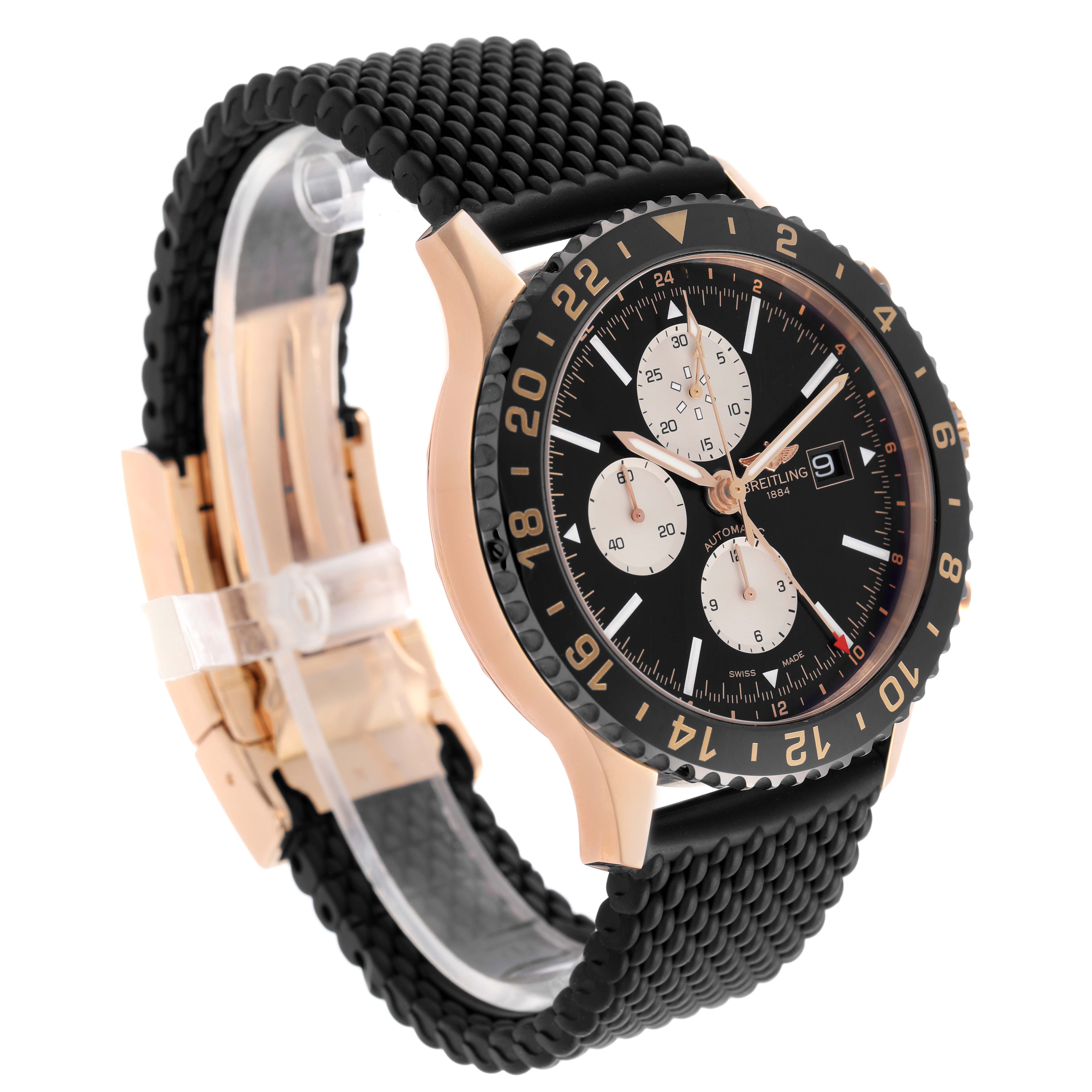 The Breitling Chronoliner R24312 Men's Rose Gold Black Dial watch is shown at a slight angle, highlighting its face, bezel, and textured strap.