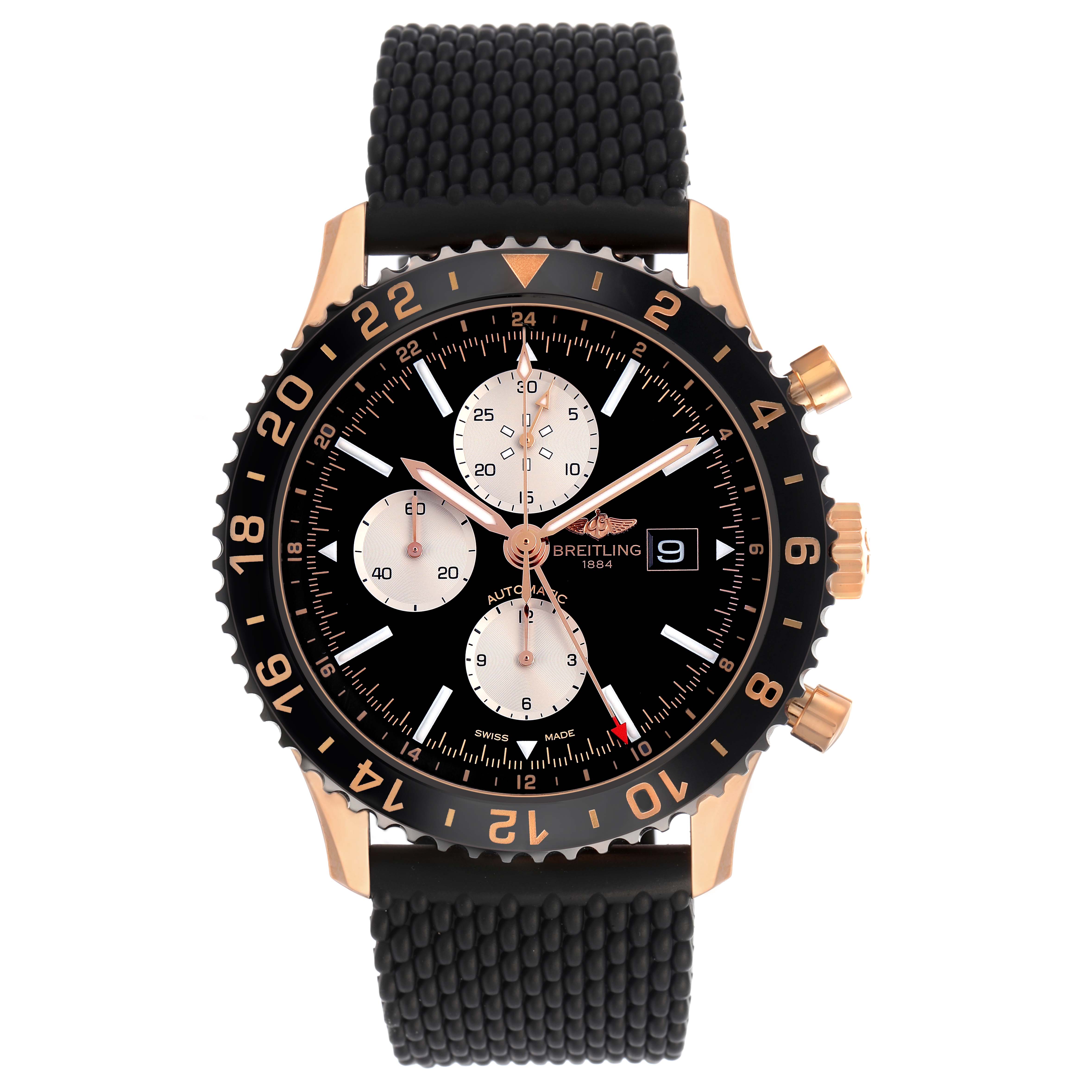 The Breitling Chronoliner R24312 Men's Rose Gold Black Dial watch is shown from a front angle, highlighting its face, bezel, crown, and chronograph dials.