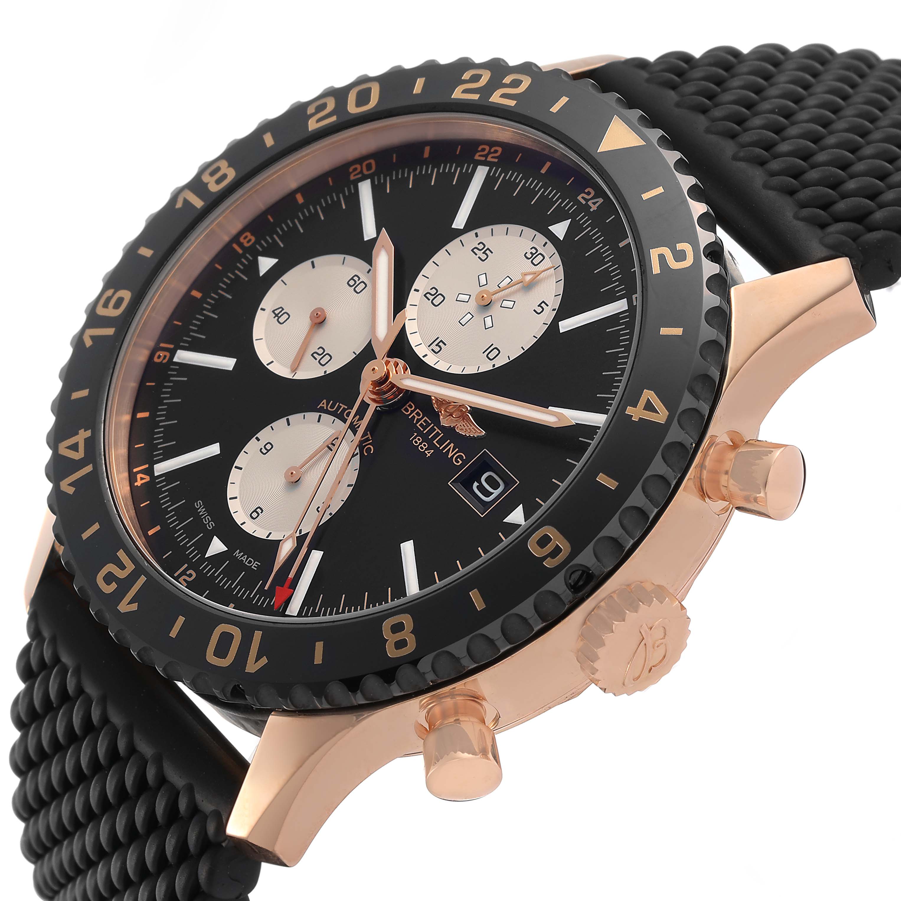 The Breitling Chronoliner R24312 Men's Rose Gold Black Dial watch is shown at an angled close-up, highlighting the face, bezel, and part of the band.