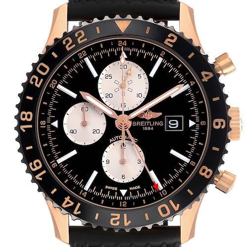 The Breitling Chronoliner R24312 Men's Rose Gold Black Dial watch is shown from the front, highlighting its dial, bezel, and crown.