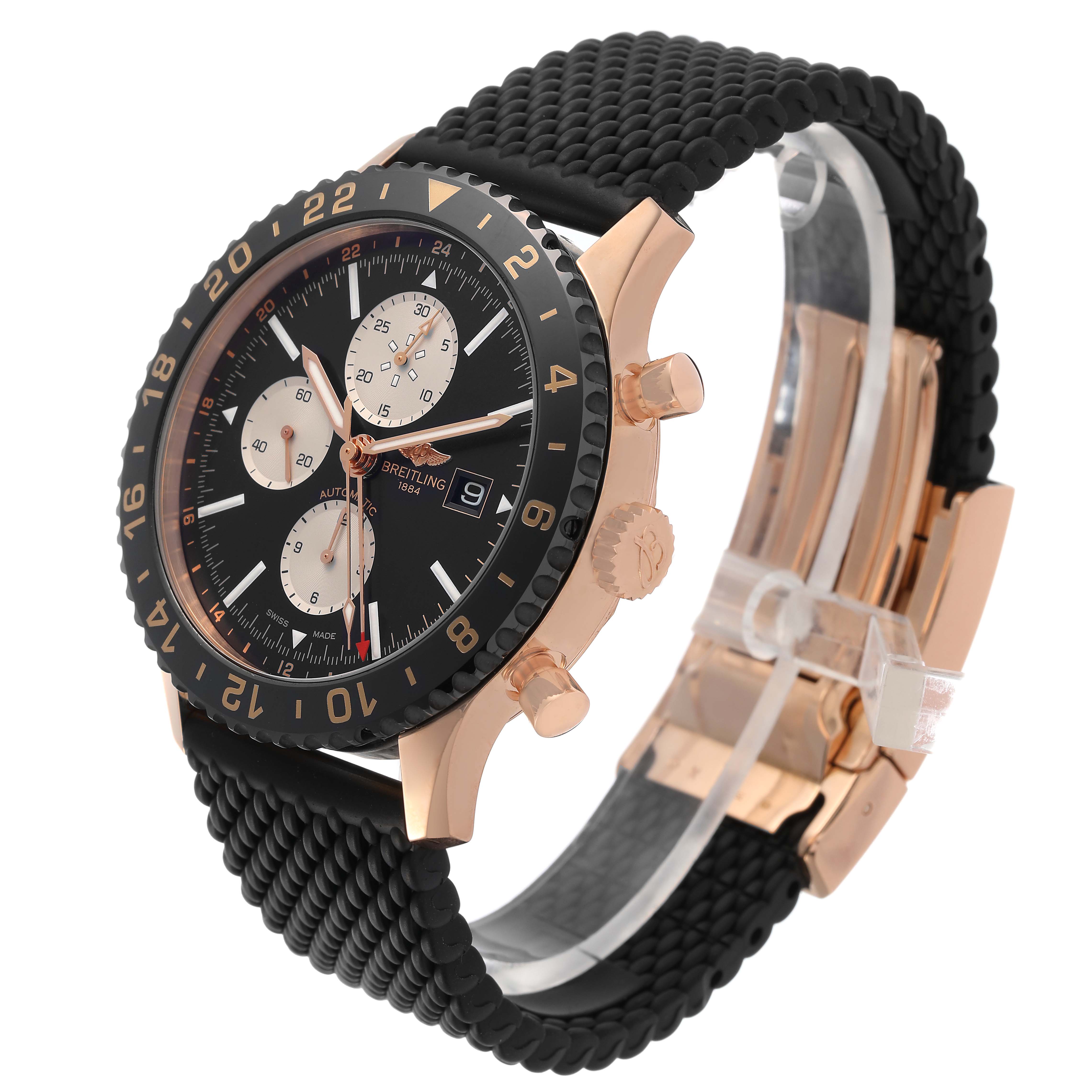 The Breitling Chronoliner R24312 Men's Rose Gold Black Dial watch is shown at an angled side view, highlighting the face, crown, pushers, and strap.