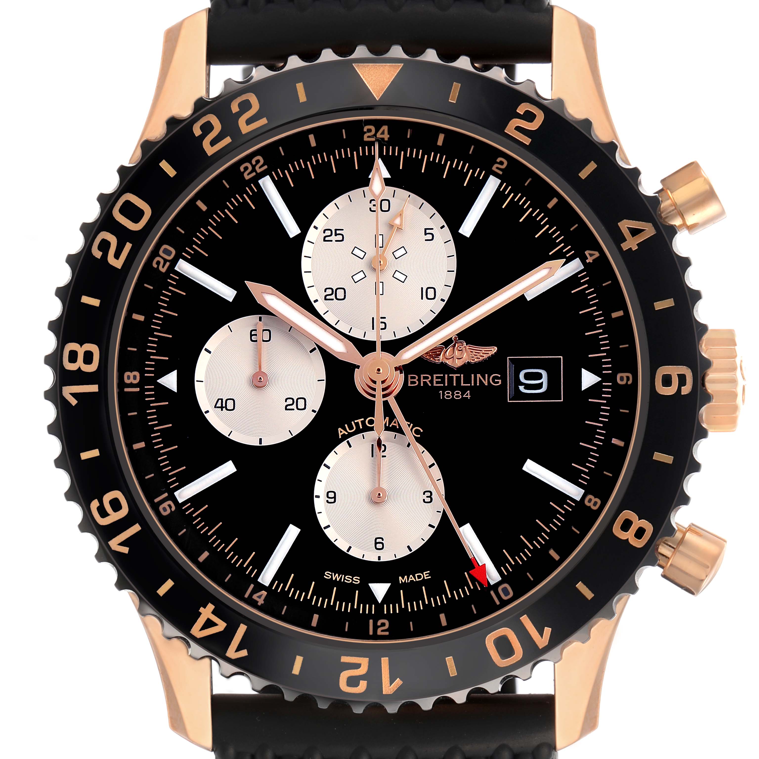 The Breitling Chronoliner R24312 Men's Rose Gold Black Dial watch is shown from the front, displaying the bezel, dial, subdials, and hands clearly.