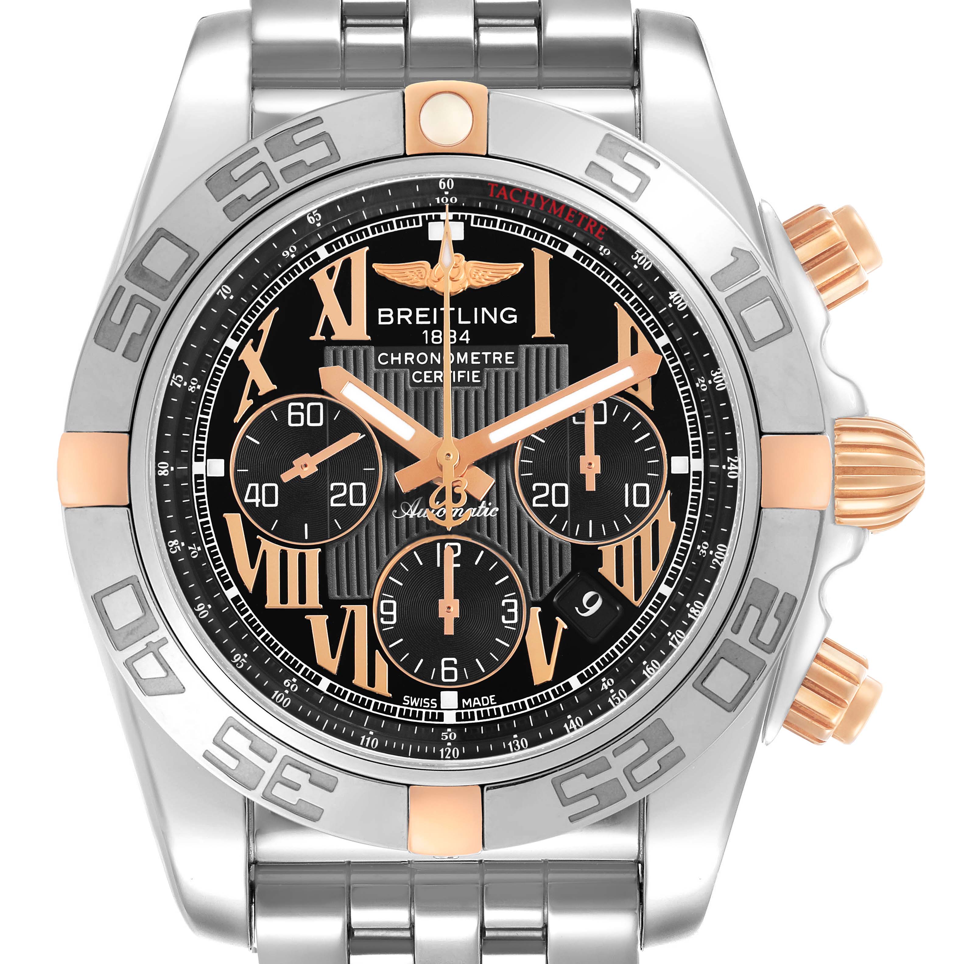 The Breitling Chronomat IB0110 Men's Steel and Gold (two tone) Black Dial watch is shown from a front angle, displaying the face, bezel, and bracelet.