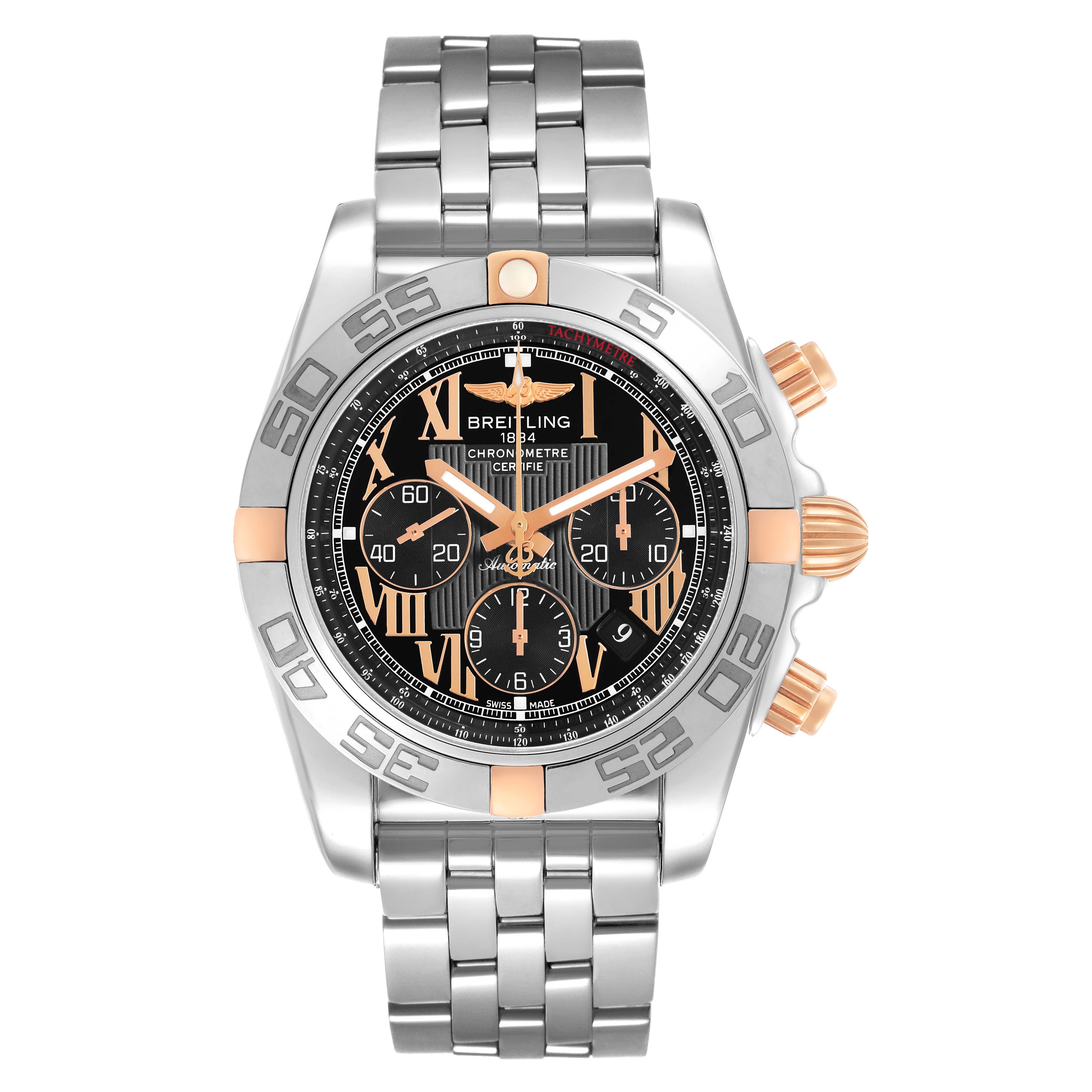 The Breitling Chronomat IB0110 Men's Steel and Gold (two tone) Black Dial watch is shown from a front view, displaying the face, bezel, and bracelet.