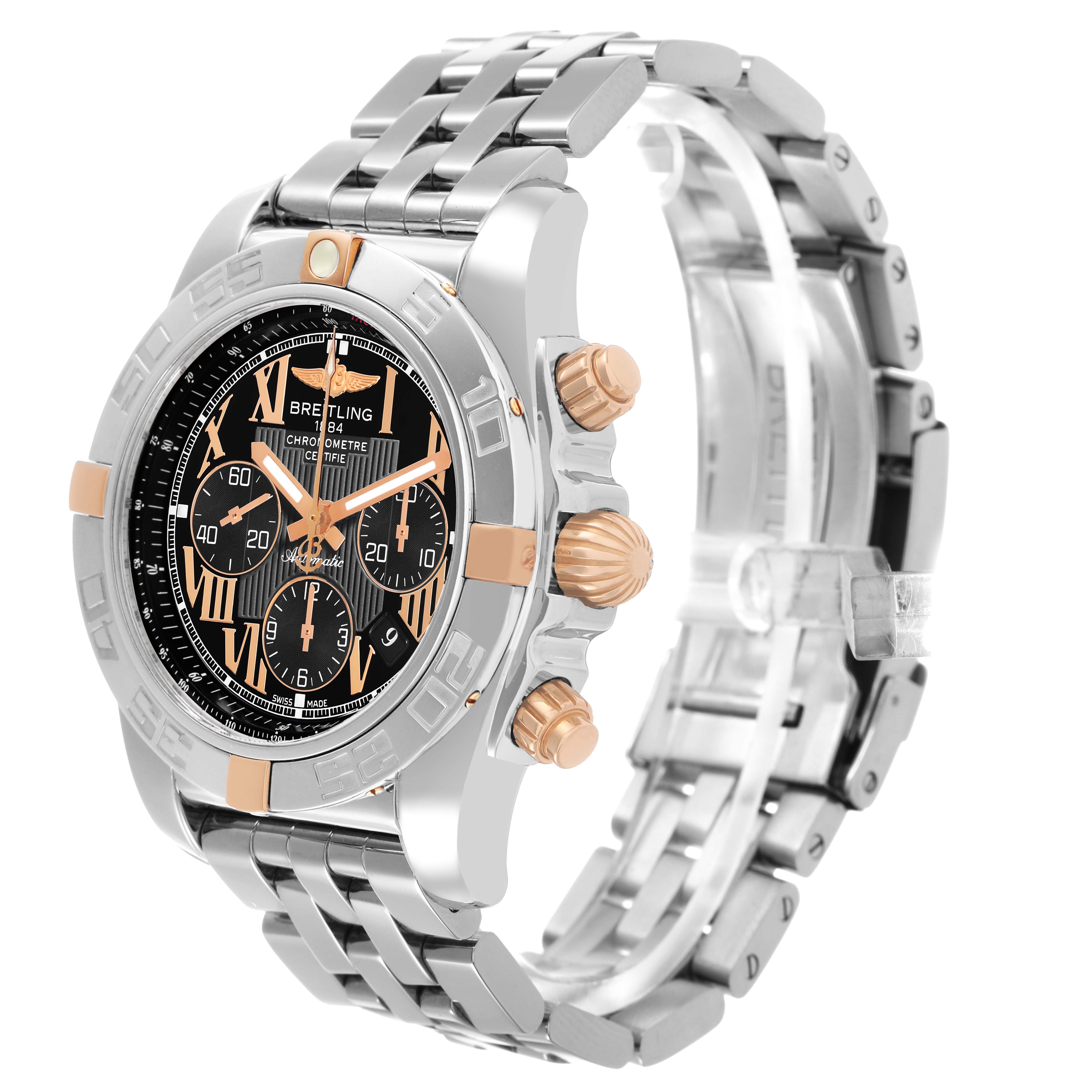 The Breitling Chronomat IB0110 Men's Steel and Gold (two tone) Black Dial watch is shown at a three-quarter angle, highlighting the face, bezel, crown, pushers, and bracelet.