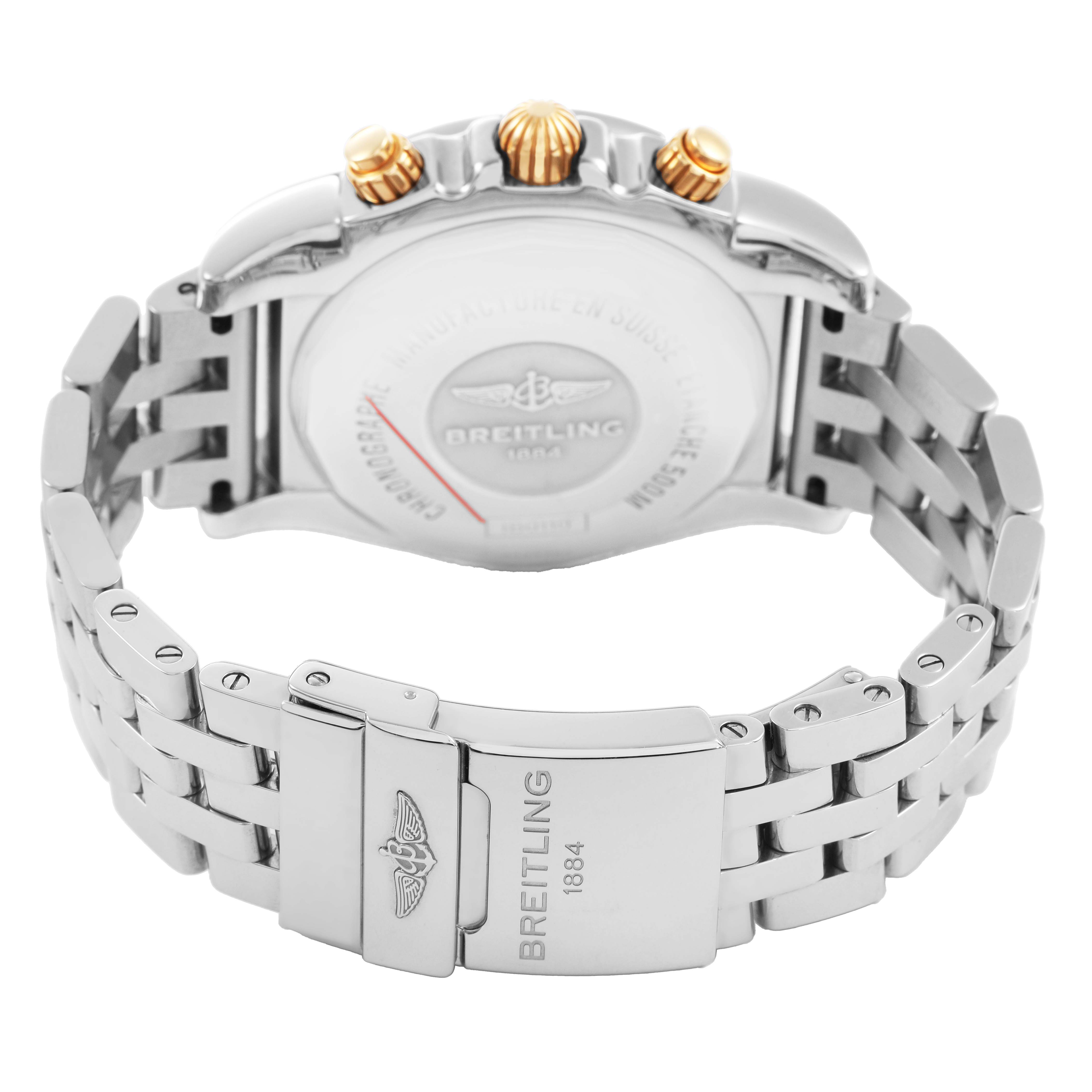 The image shows a Breitling Chronomat IB0110 Men's Steel and Gold (two tone) Black Dial watch from the back, highlighting its stainless steel bracelet and engraved clasp.