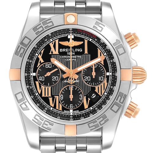 This Breitling Chronomat IB0110 Men's Steel and Gold (two tone) Black Dial watch is shown from a front view, highlighting the dial, bezel, and bracelet.
