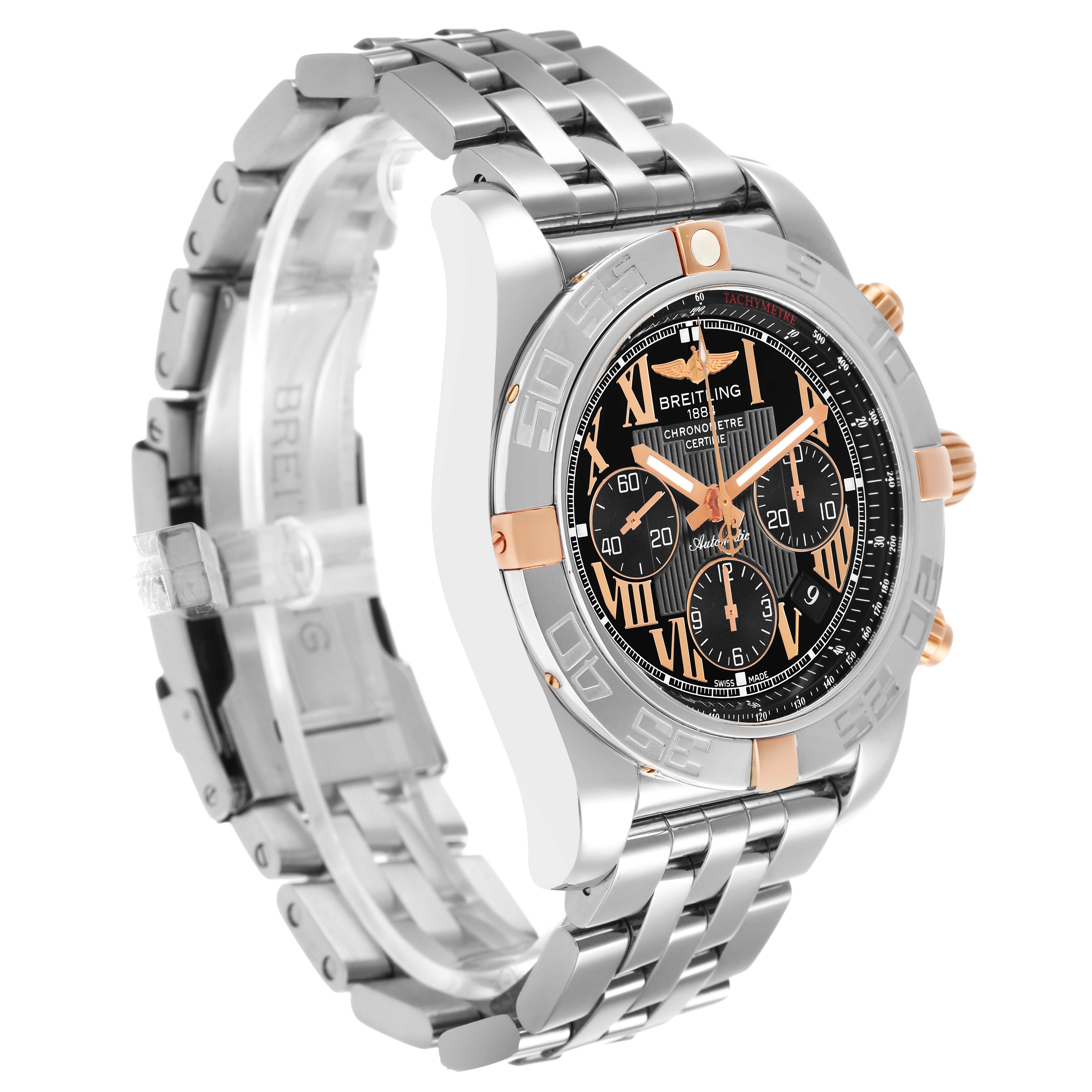 The Breitling Chronomat IB0110 Men's Steel and Gold (two tone) Black Dial watch is shown at a three-quarter angle, highlighting the face, bezel, case, and bracelet.