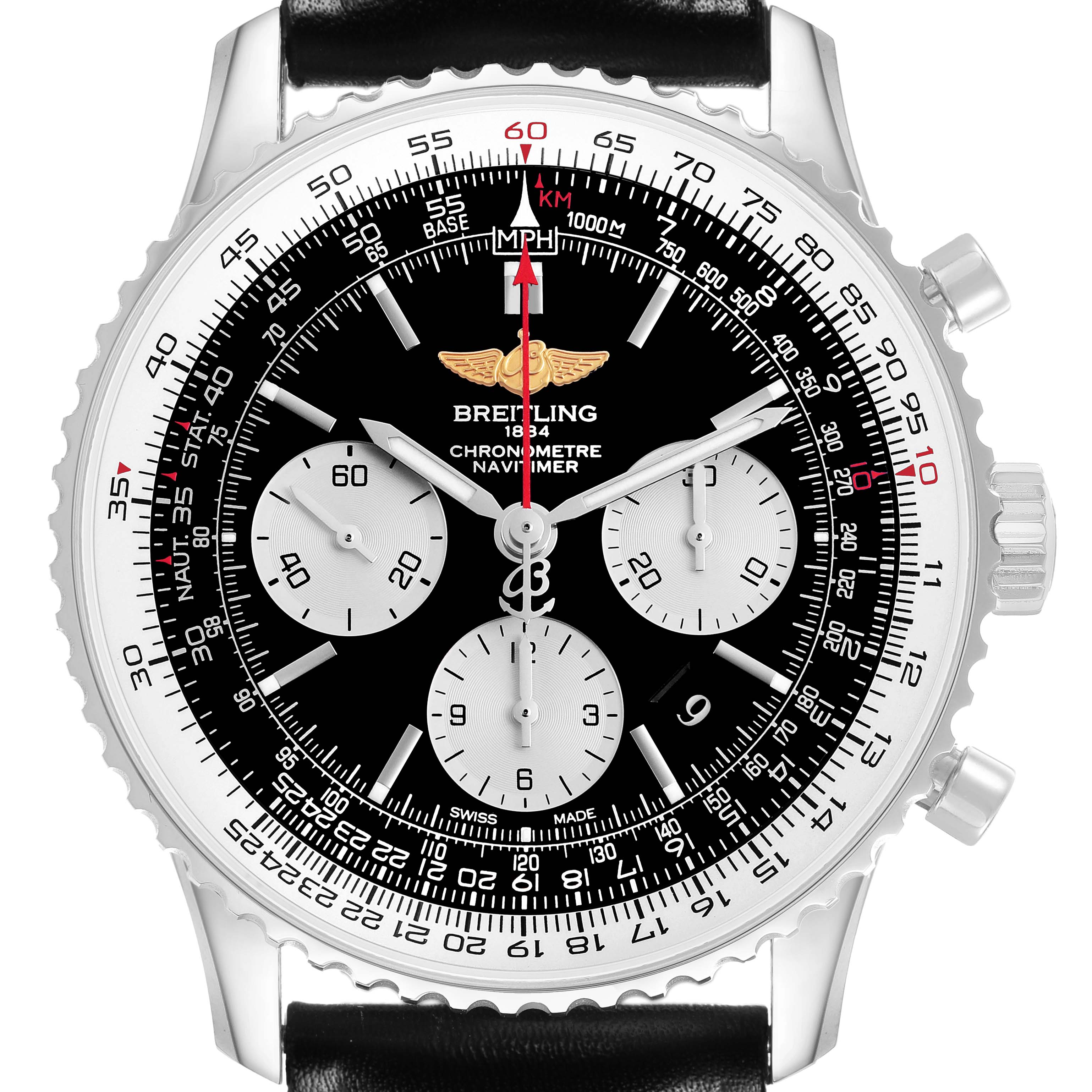 The Breitling Navitimer AB0120 Men's Stainless Steel Black Dial watch is shown from the front, featuring its dial, bezel, chronograph subdials, and leather strap.