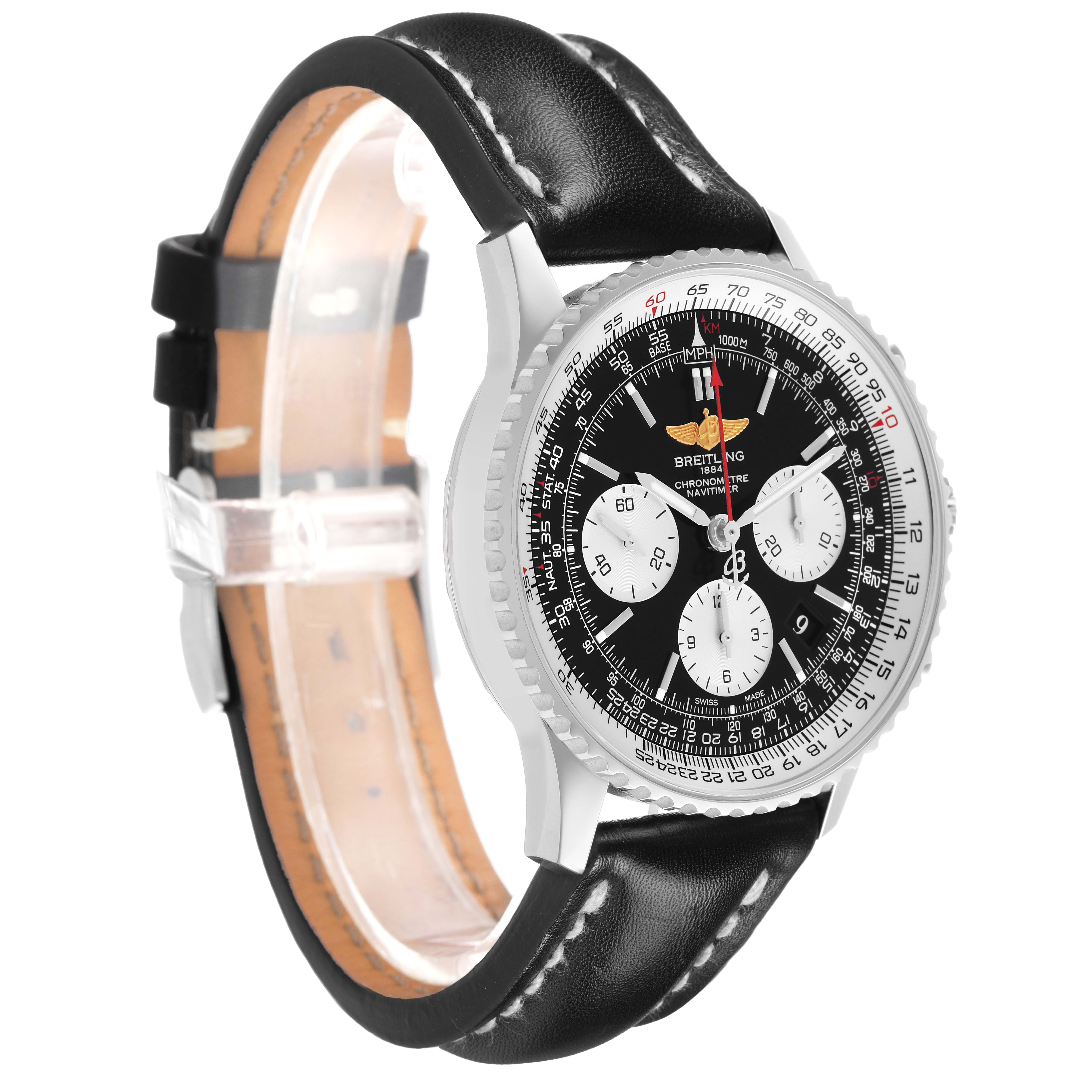 The Breitling Navitimer AB0120 Men's Stainless Steel Black Dial watch is shown at a slightly angled side view, highlighting the face, bezel, and leather strap.