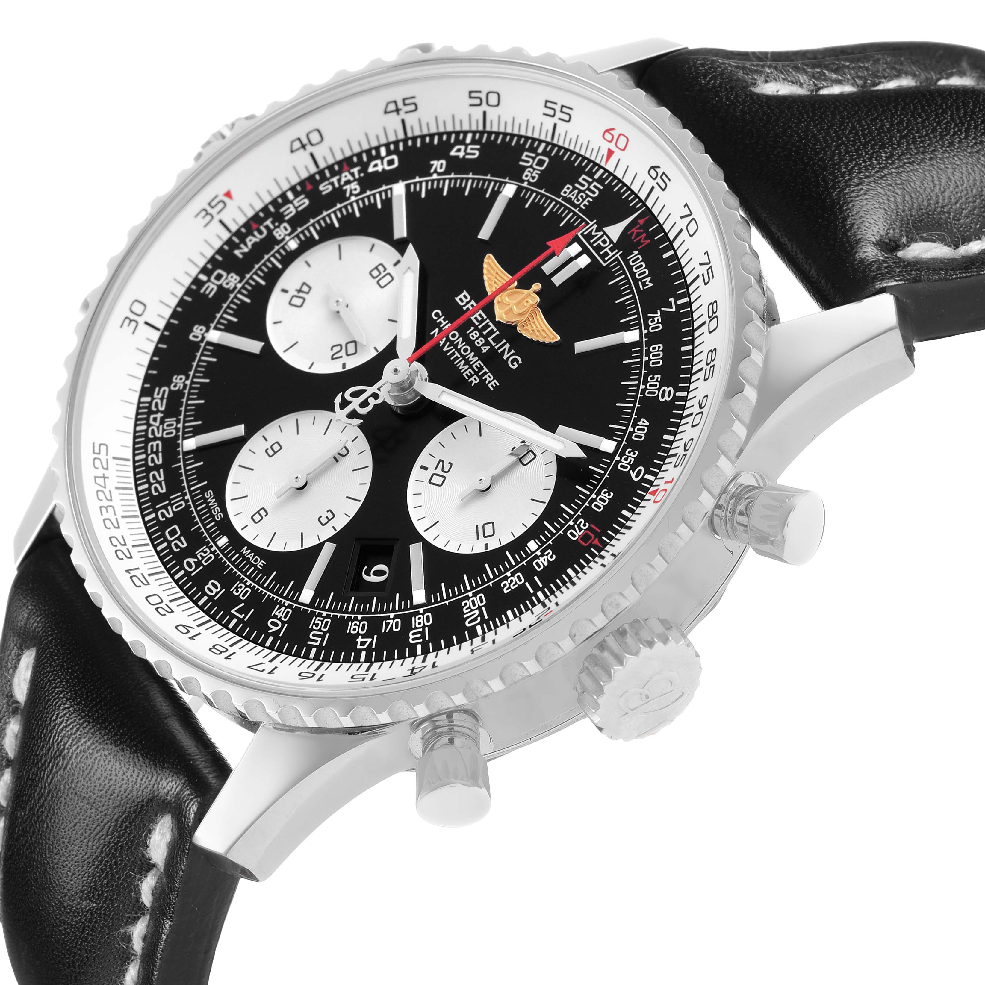 The Breitling Navitimer AB0120 Men's Stainless Steel Black Dial watch is shown at a slight side angle, highlighting the bezel, face, subdials, and strap.