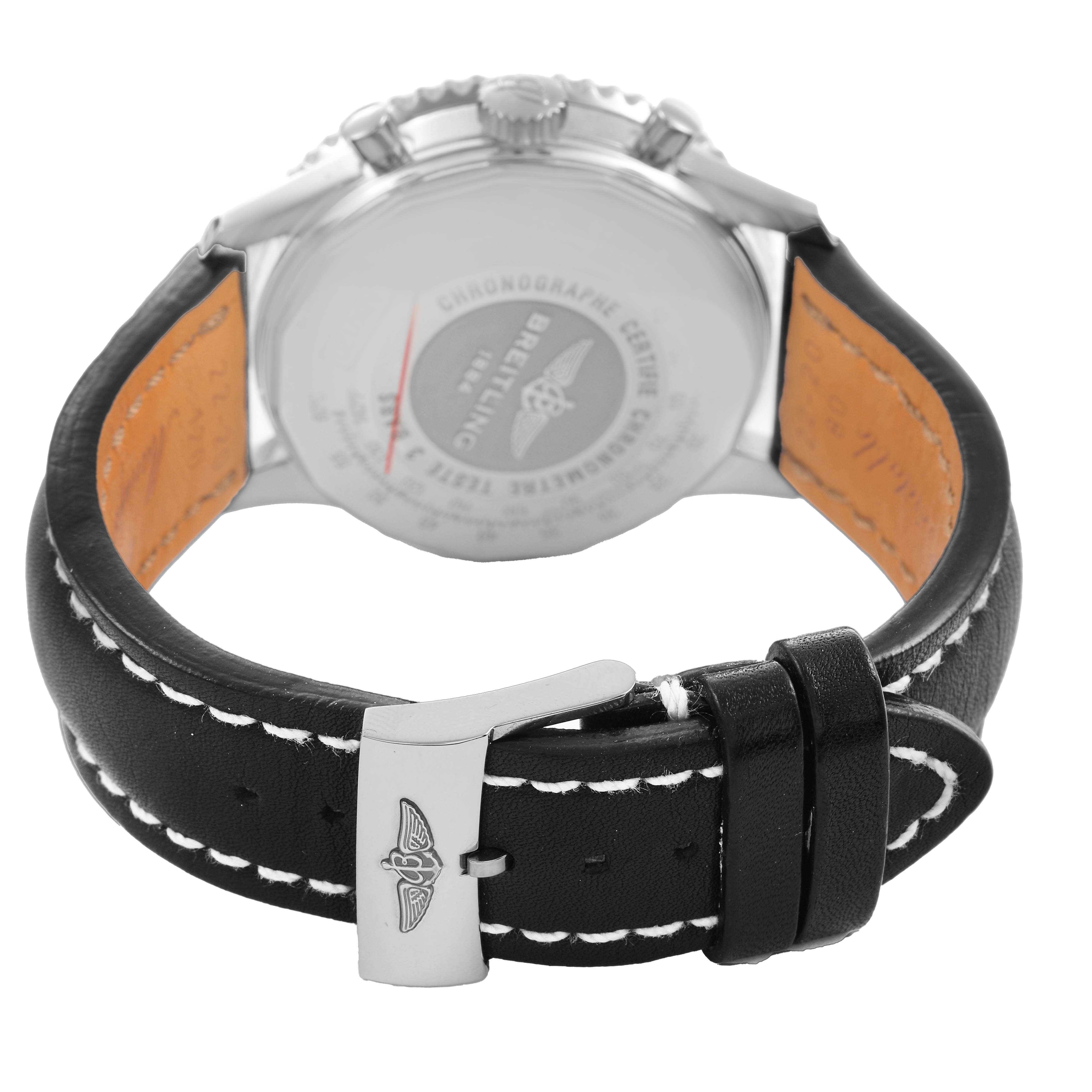 The image shows the back of a Breitling Navitimer AB0120 Men's Stainless Steel Black Dial watch with its leather strap and clasp clearly visible.