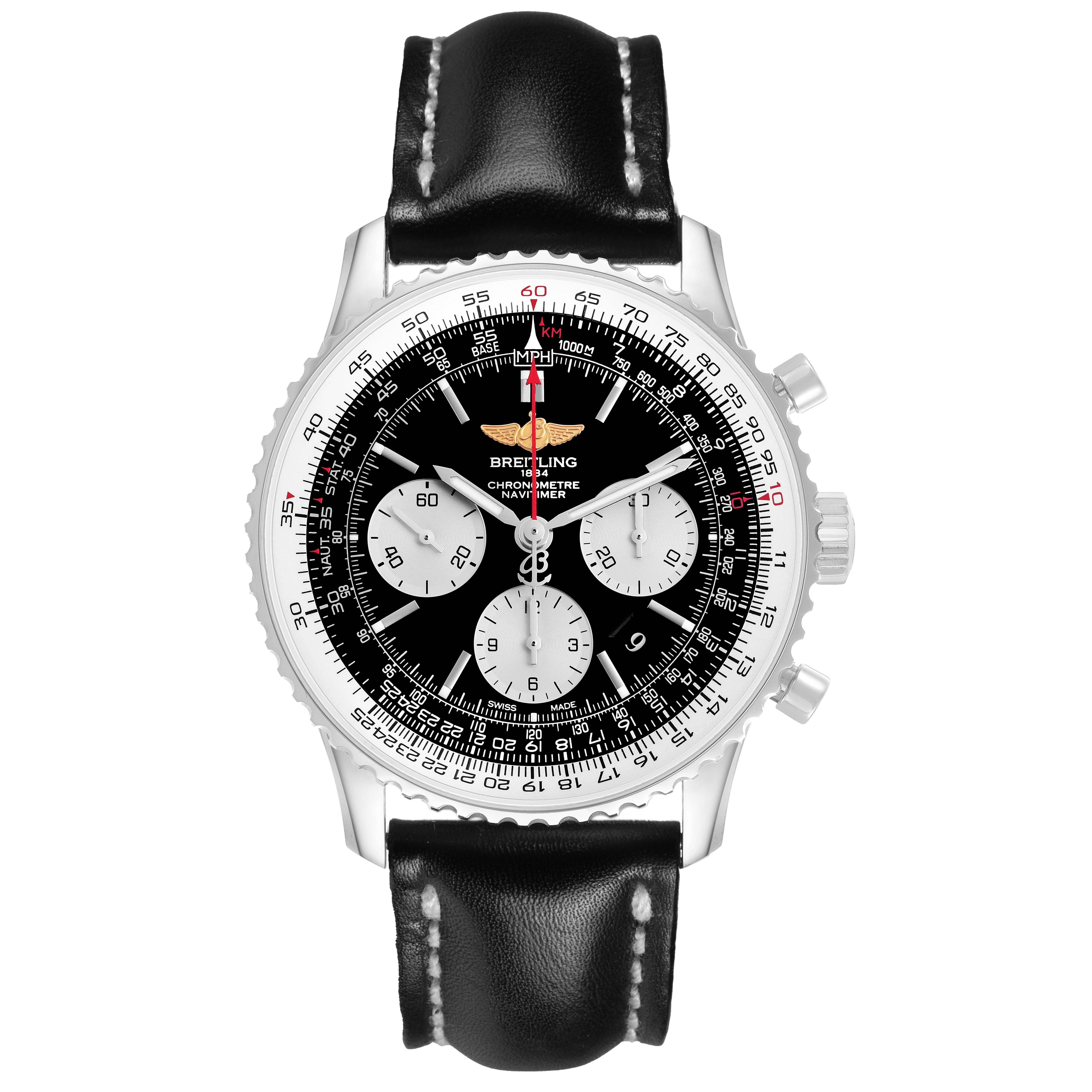 The Breitling Navitimer AB0120 Men's Stainless Steel Black Dial watch is shown from the front, displaying the dial, bezel, chronograph sub-dials, and leather strap.