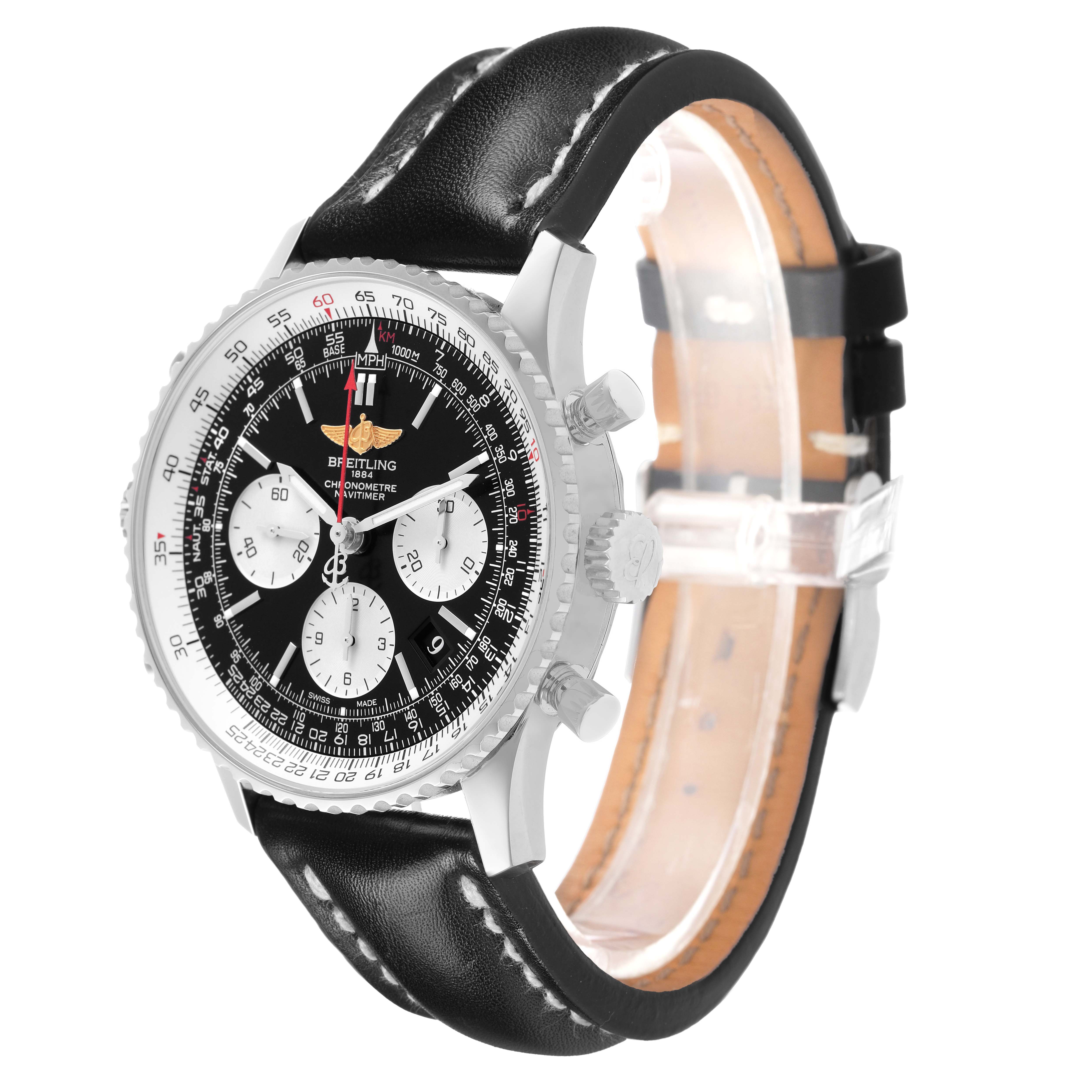 The Breitling Navitimer AB0120 Men's Stainless Steel Black Dial watch is shown at a three-quarter angle, displaying the face, bezel, crown, and leather strap.