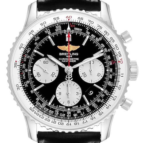 The Breitling Navitimer AB0120 Men's Stainless Steel Black Dial watch is shown directly from the front, displaying the face, dial, bezel, and chronograph subdials.