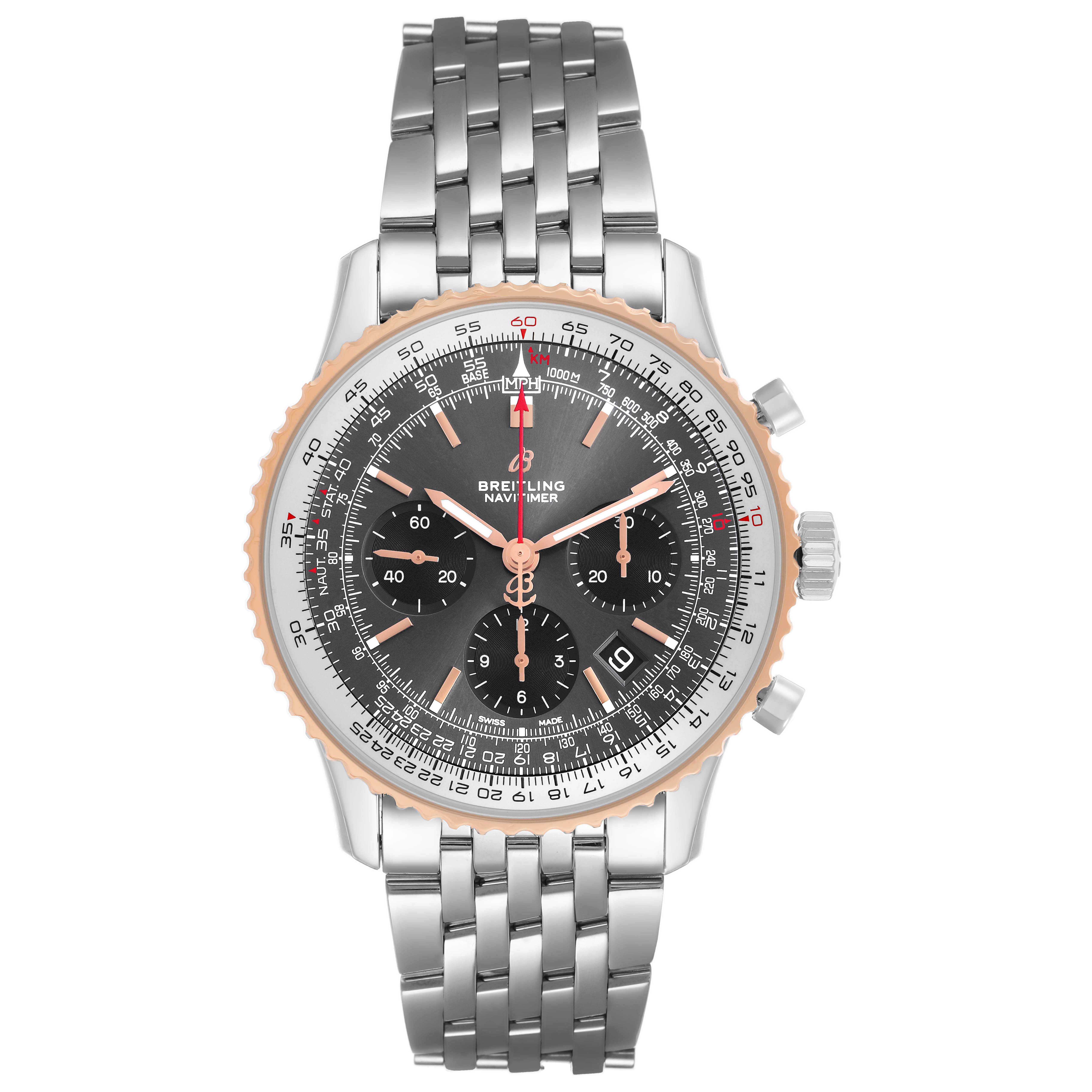 The Breitling Navitimer UB0121 Men's Stainless Steel Grey Dial watch is shown from a top-down angle, displaying the dial, bezel, and bracelet.