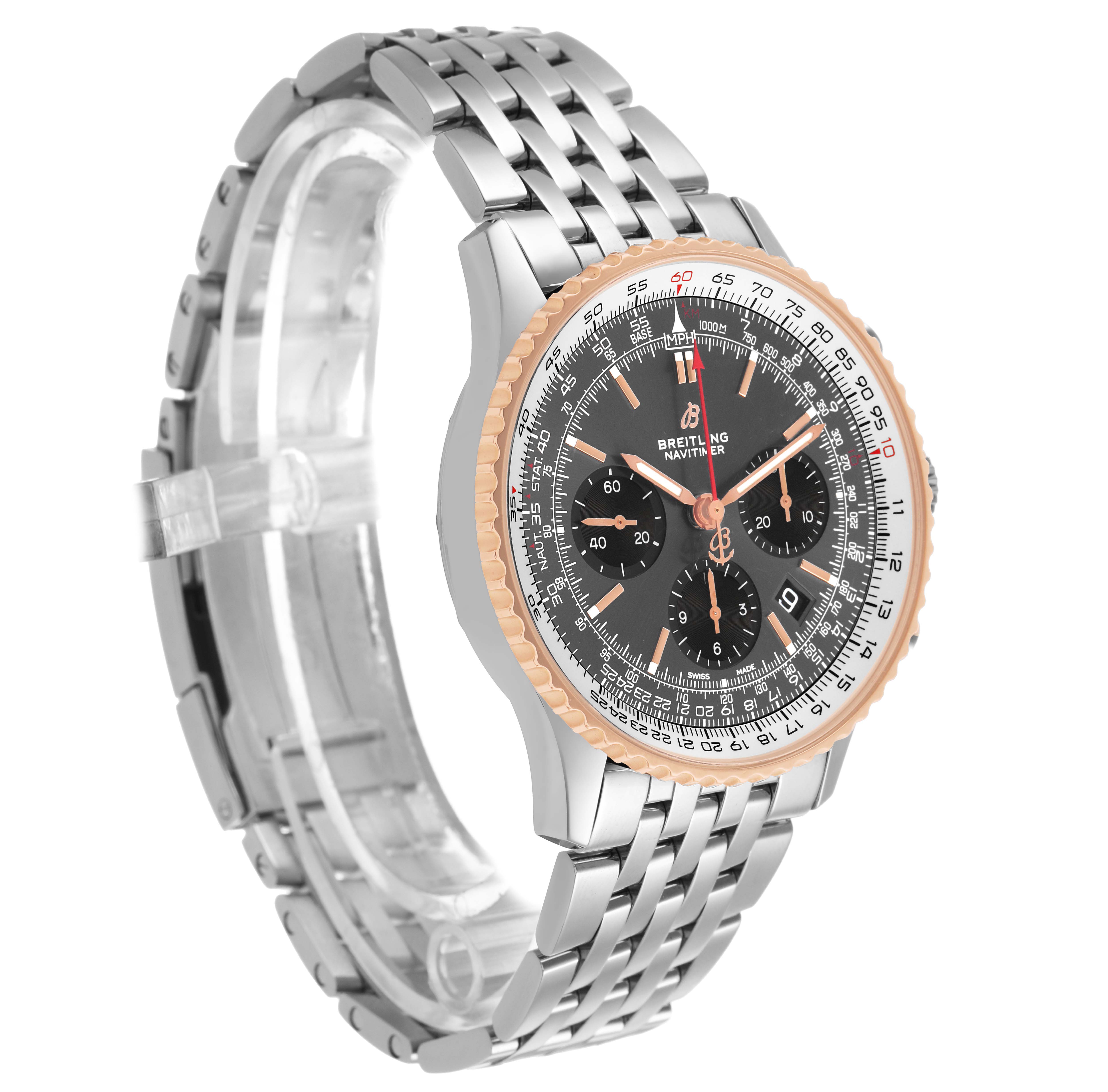 The Breitling Navitimer UB0121 Men's Stainless Steel Grey Dial is shown at a three-quarter angle, highlighting the dial, bezel, and metal bracelet.